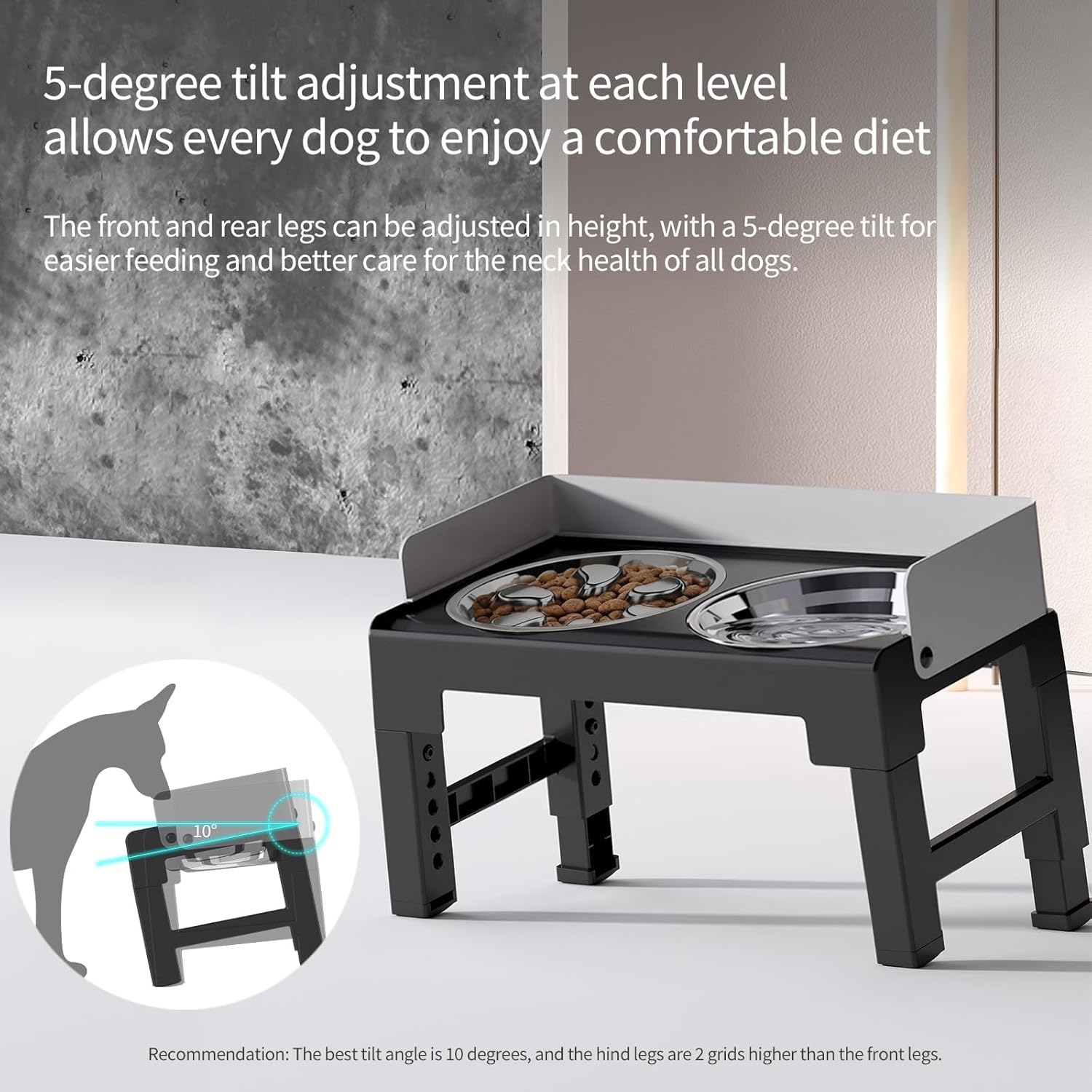 pakeway elevated dog bowls, spill proof, tiltable pet feeder with 1 stainless steel bowl &1 stainless steel slow feeder bowl, 6 height adjustable raised dog bowls stand for medium large dogs 1 stainless slow feeder & 1 stainless bowl grey