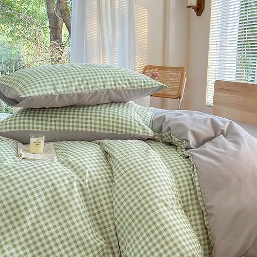 Miniatura 5 de NSNLGSGC Juego de funda de edredón a cuadros verde salvia, tamaño individual, funda de edredón con patrón geométrico simple cuadrado, funda de