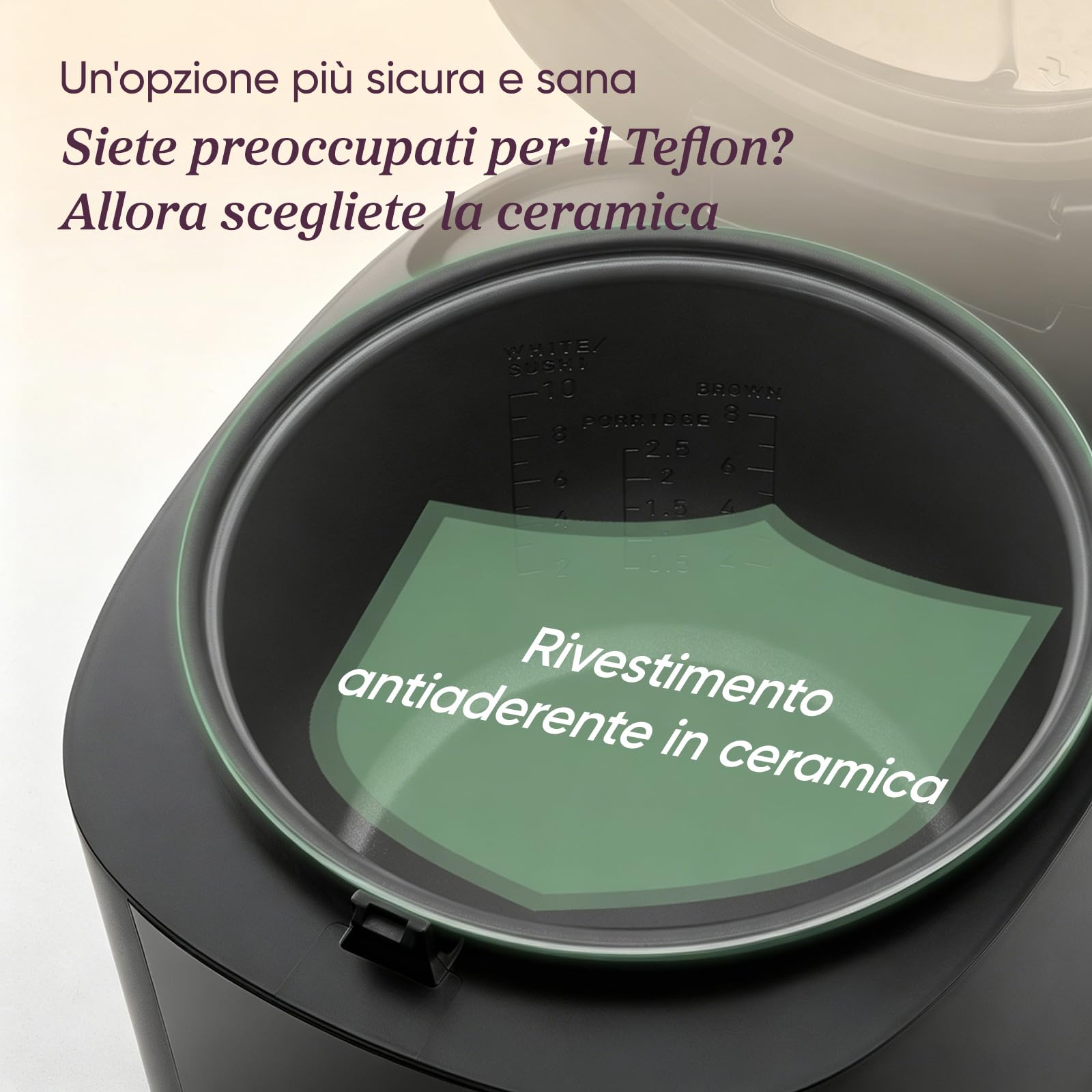 COSORI Cuociriso Elettrico 1,8L, 17 Programmi, Pentola Cuociriso, Ceramico | 1-10 Persone e Logica Fuzzy, Vaporiera con Cestello in Acciaio Inox, Timer e Mantenimento Calore, 50 Ricette incluse