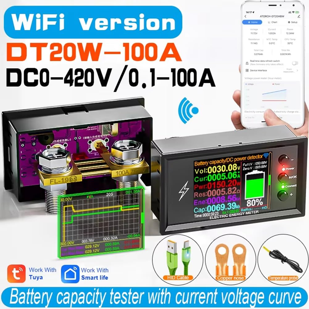 Tuya DT20W 0-420V WiFi Lithium-Batterie-Tester, 100A DC-Stromspannungsstrommesser für die Kapazitätserkennung