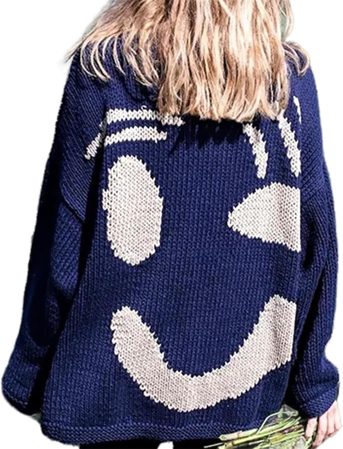 Happy Sunday Feel Good Knit Jumpers, Women Colorful Crew Neck Oversized Pullover Sweaters Coat Y2K Casual Comfy Jumper Knitwear Tops for Couple(Royal Blue,L)