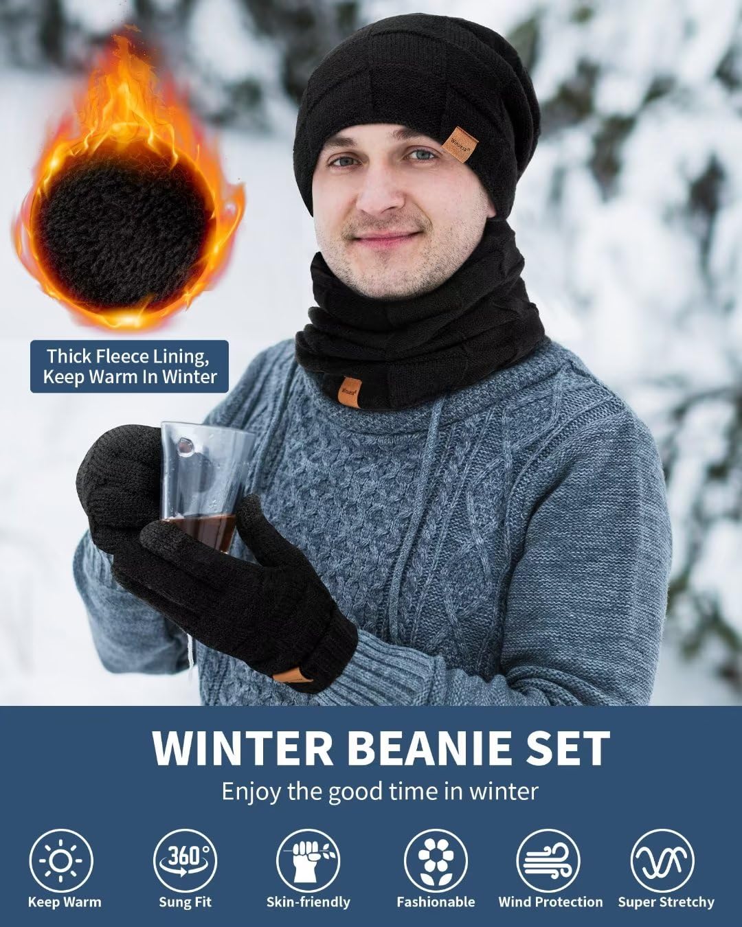 Ensemble Bonnet écharpe Gants Homme - Polaire Thermique, Gants Tactiles, Taille Unique, Pour Sports D'hiver