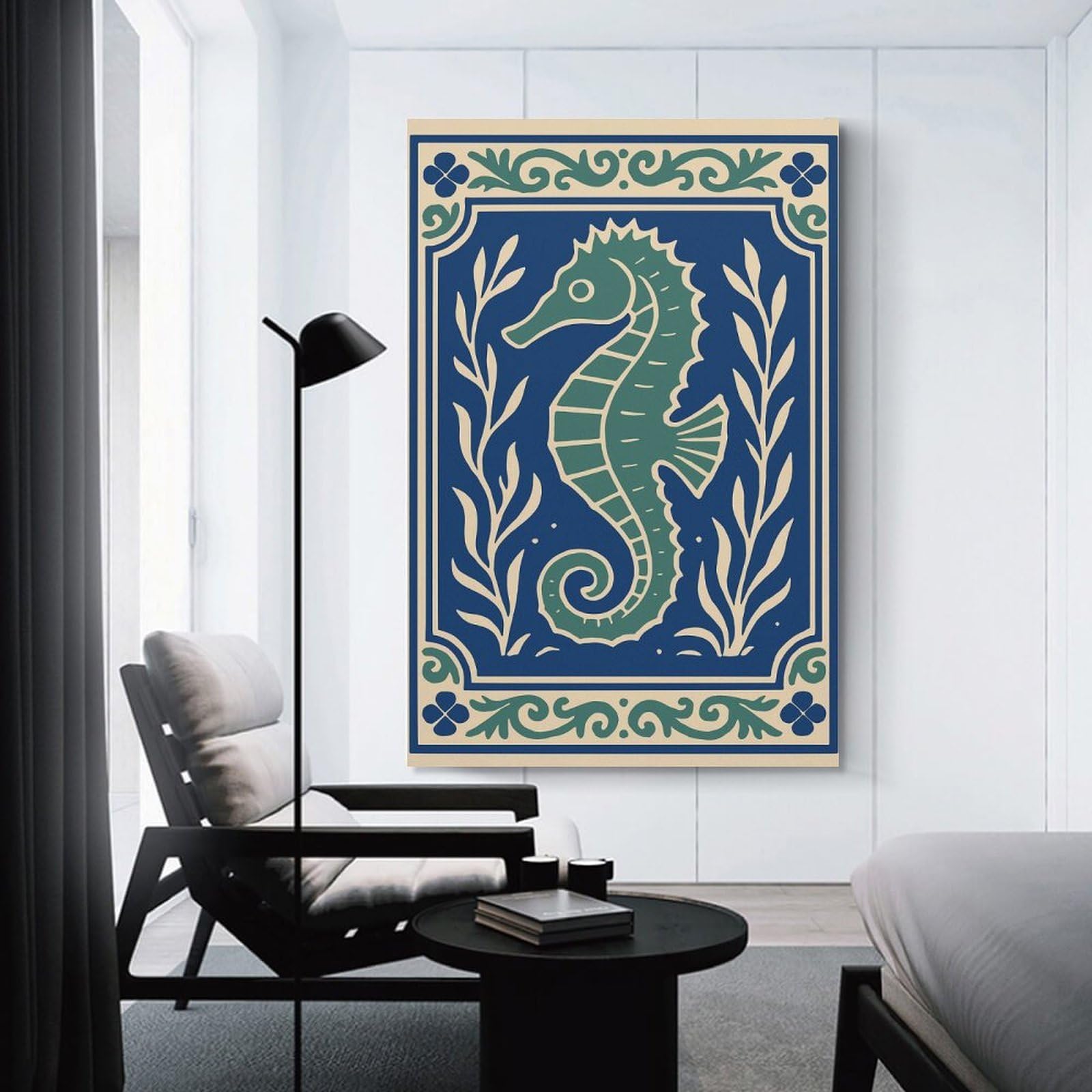 Junmoney Unframe-Style-14 Seahorse With Floral Border Wall Art Print, 24X36inch(60X90cm), For Lounge Decor, Bedroom Walls Or Flats, Decorative Artwork For Empty Walls
