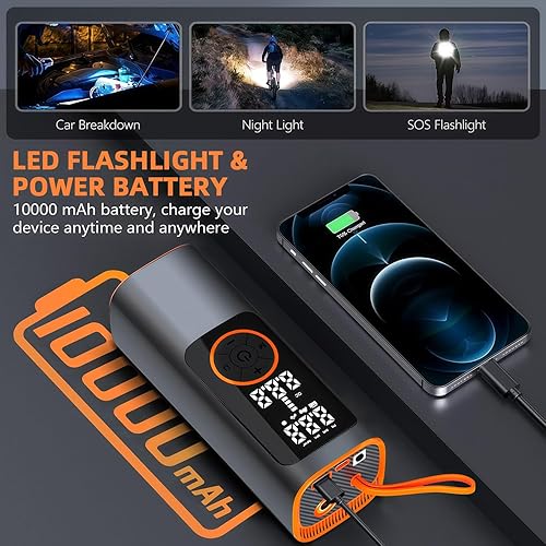 Miniatura 2 de Compresor de aire portátil de inflado de neumáticos, 150 PSI, medidor de presión digital, 25 cilindros, adaptador de automóvil, pantalla LCD dual de