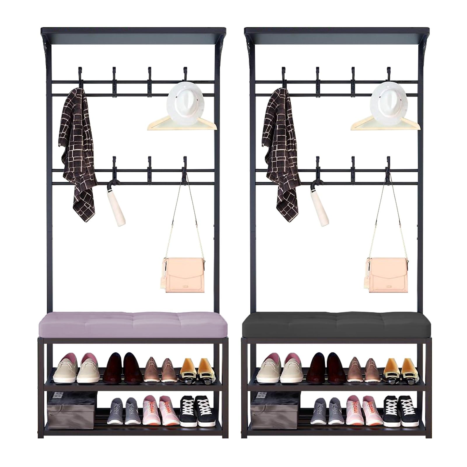 FGXHHS Industrial Rustic Standing Coat Rack & Shoe Bench with 2-Tier Sto Shelf for Entryway, Hall Tree nizer, 80x30x172cm (Black) - Home Fur