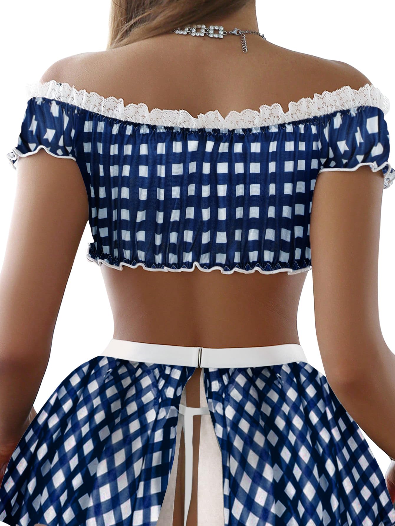 Foxiny Sexy Stockings Mini Skirt Mesh Sheer Lace Halloween Costume Maid Outfit Lingerie with Thong Set 4 Piece: Small Checkered Blue
