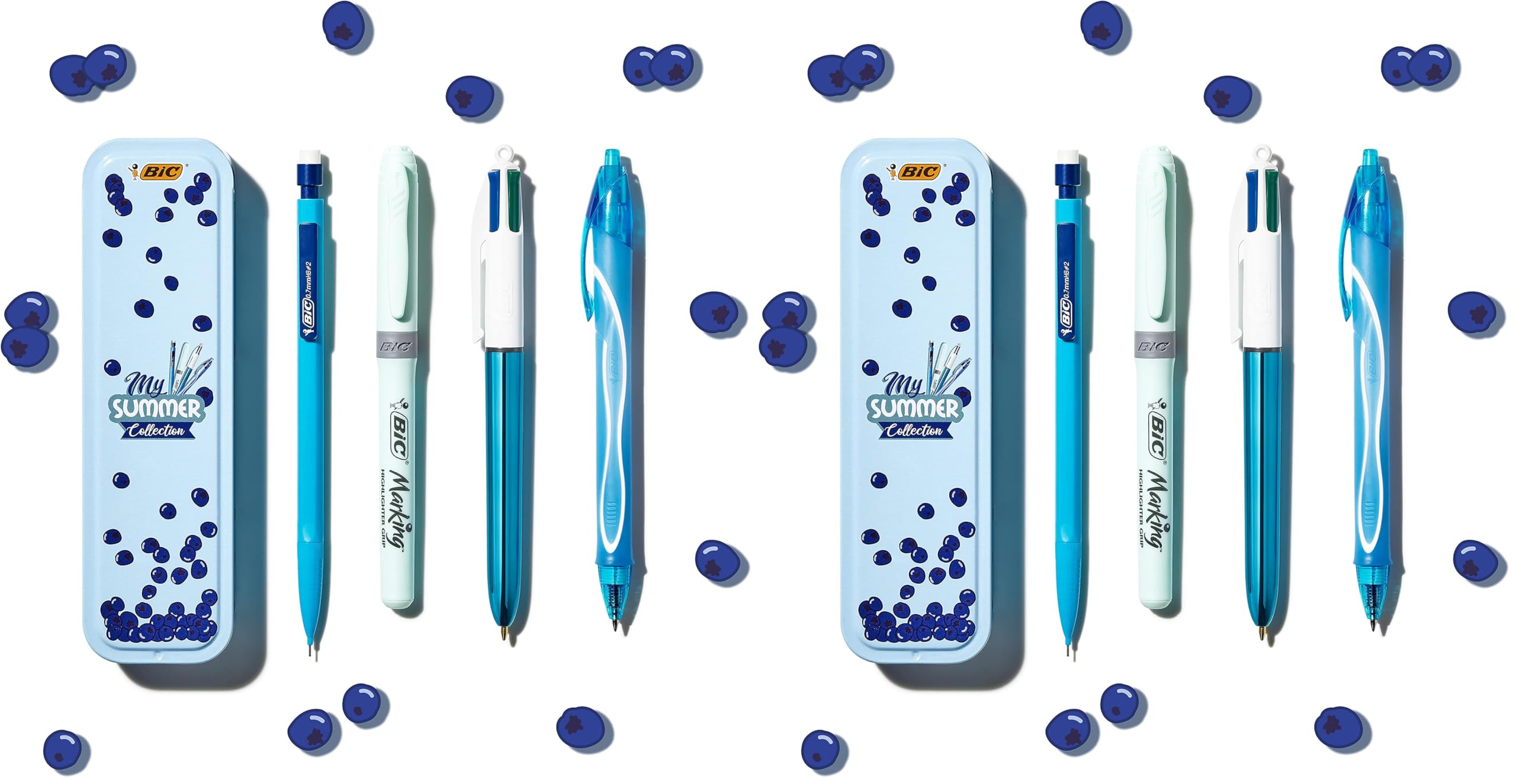 BIC Summer Blue Box: bolígrafo de gel (0,7 mm), portaminas, bolígrafo de 4 colores (1,00 mm), subrayador, azul, juego de 4 unidades (Paquete de 2)