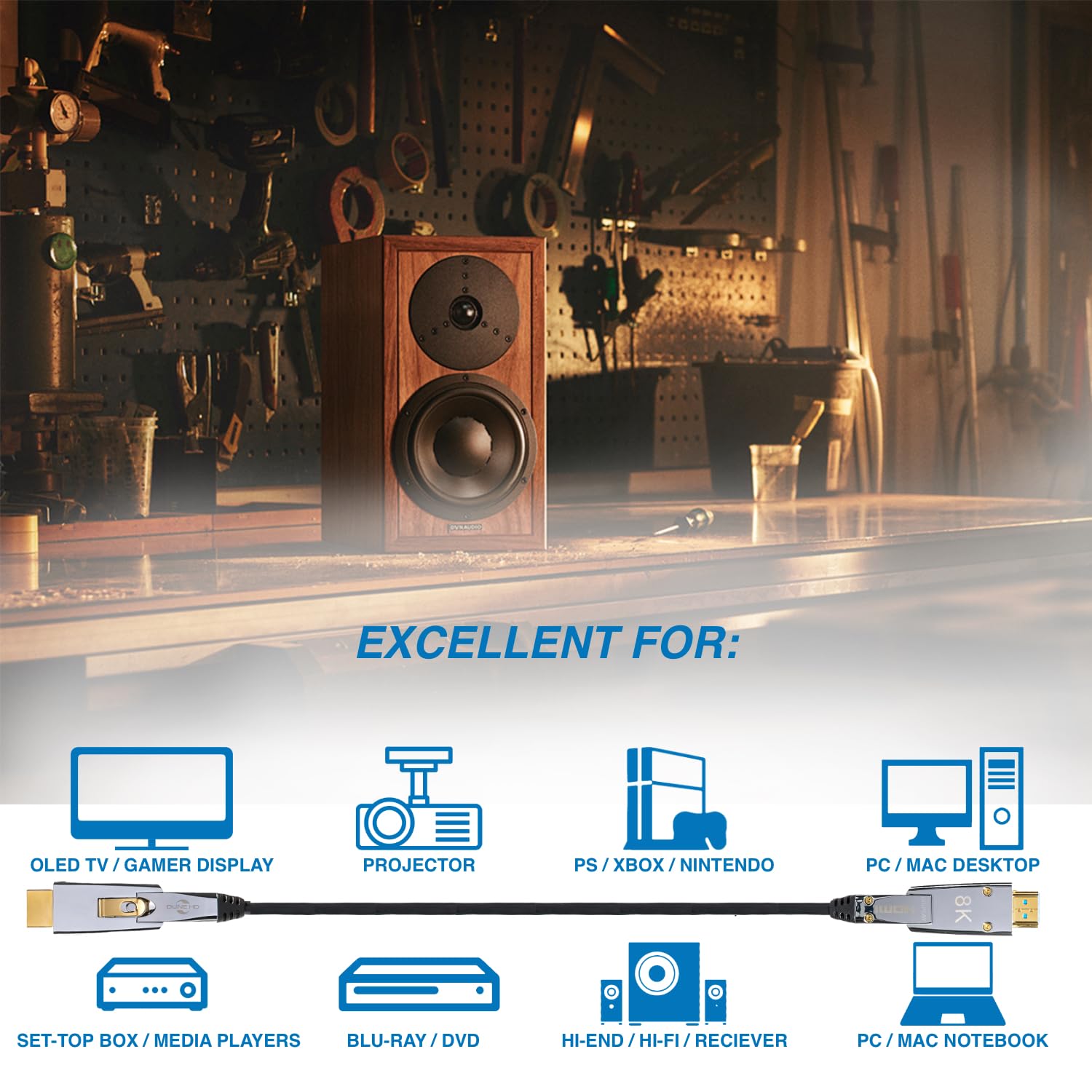Dune HD Cable de fibra óptica profesional de alta velocidad 48 Gbps HDMI 2.1a, 10K, 8K / 60Hz, 4K / 120Hz, 4:4:4, eARC, CEC, HDCP 2.2/2.3, 3D, HDR 10+, Dolby, VR, Gaming PC, TV, Hi-End, RTX 40xx (5 m)