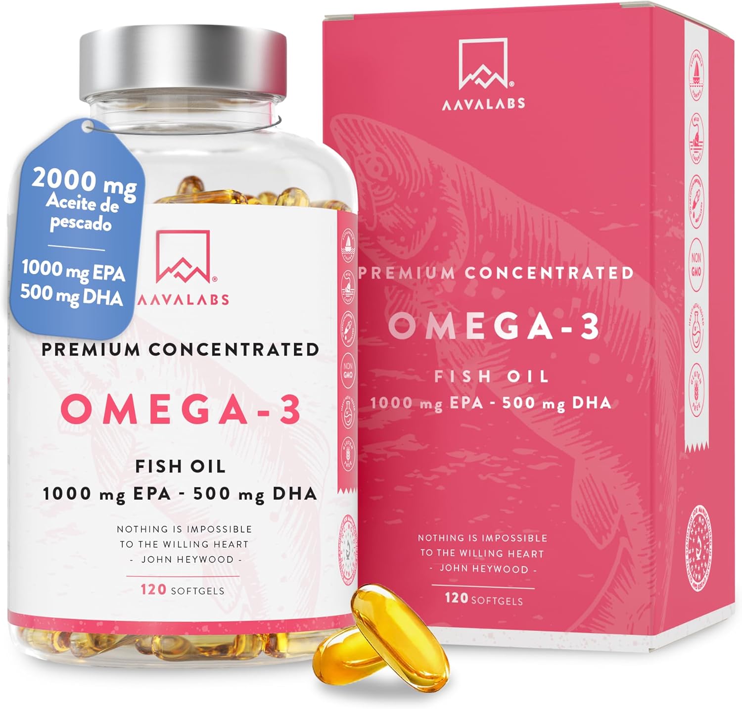 AAVALABS Omega 3 2000mg por dosis diaria (2 cápsulas) - 1000mg de EPA + 500mg de DHA - Ácidos Grasos de Alta Potencia - Destilado Molecularmente - 120 Cápsulas - 60 días de suministro