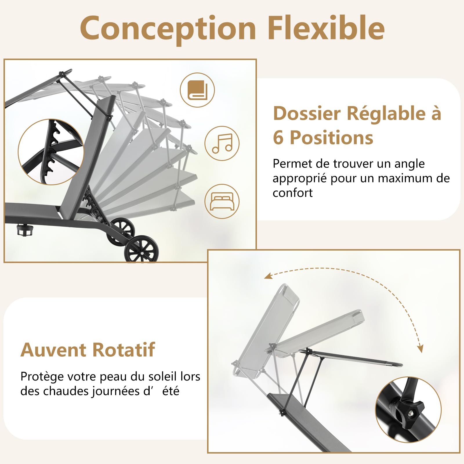 GOPLUS Transat Jardin Exterieur avec Pare-Soleil Réglable et Porte-gobelet, 165 x 61 x 96, Bain de Soleil avec Dossier Réglable 6 Niveaux avec roulettes pour Piscine, Jardin, Charge 150KG (Gris)