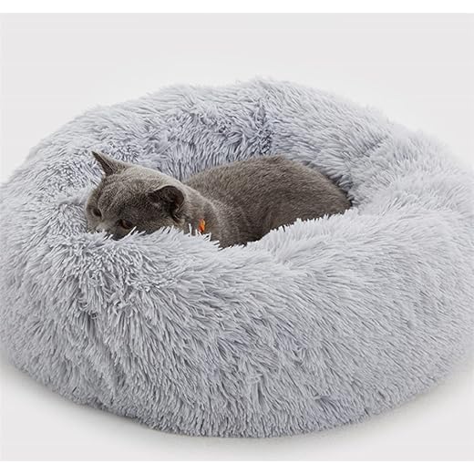 Enjamoy Plush Donut Dog Bed, Calming Round Dog Cat Bed Soft and Fluffy Cuddler Pet Cushion Self-Warming Puppy Beds Machine Washable, Grey 50cm