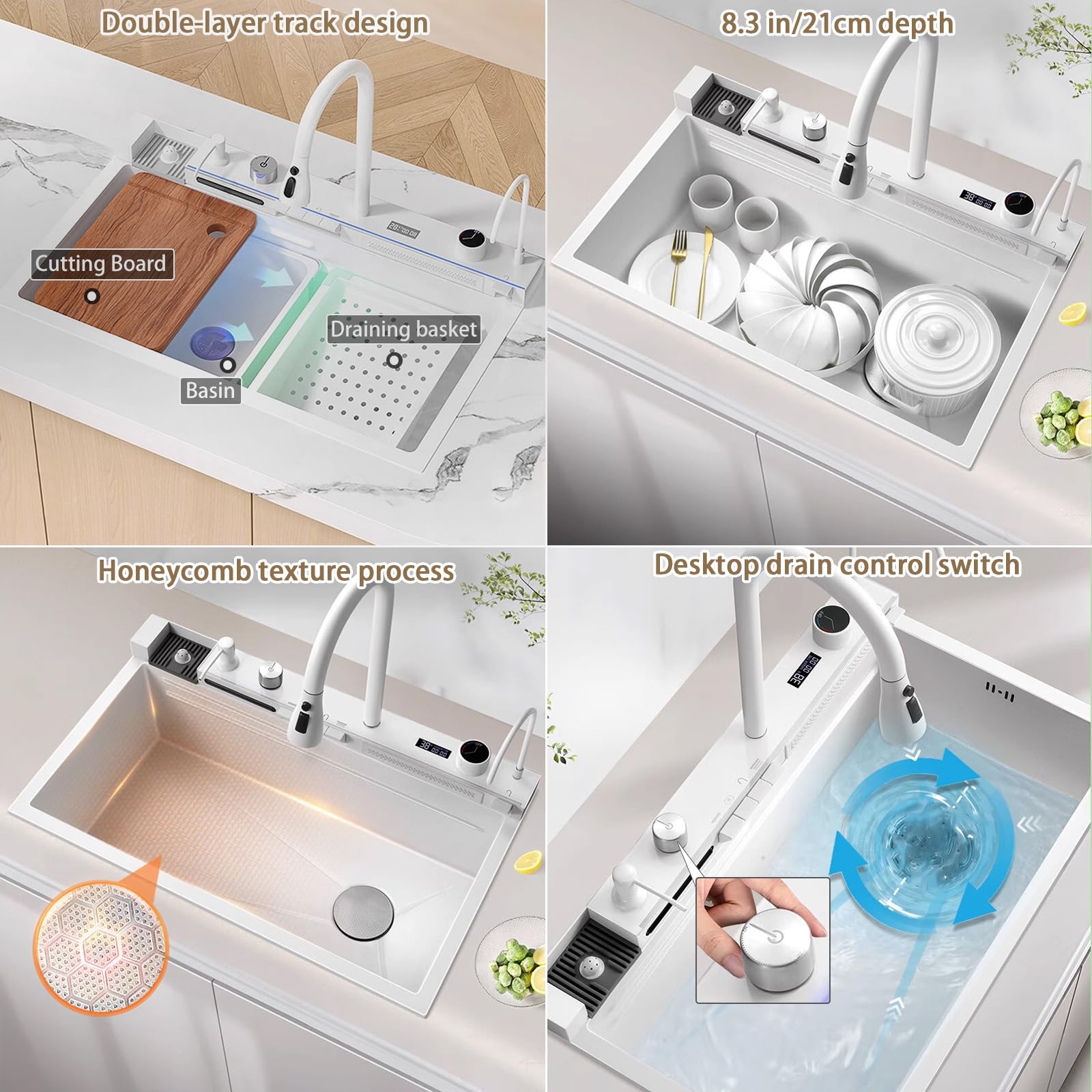 Lavello da cucina intelligente multifunzione da 85 cm, con rubinetto digitale integrato, in acciaio inox, con ciotola per lavastoviglie e set di accessori per cucine moderne
