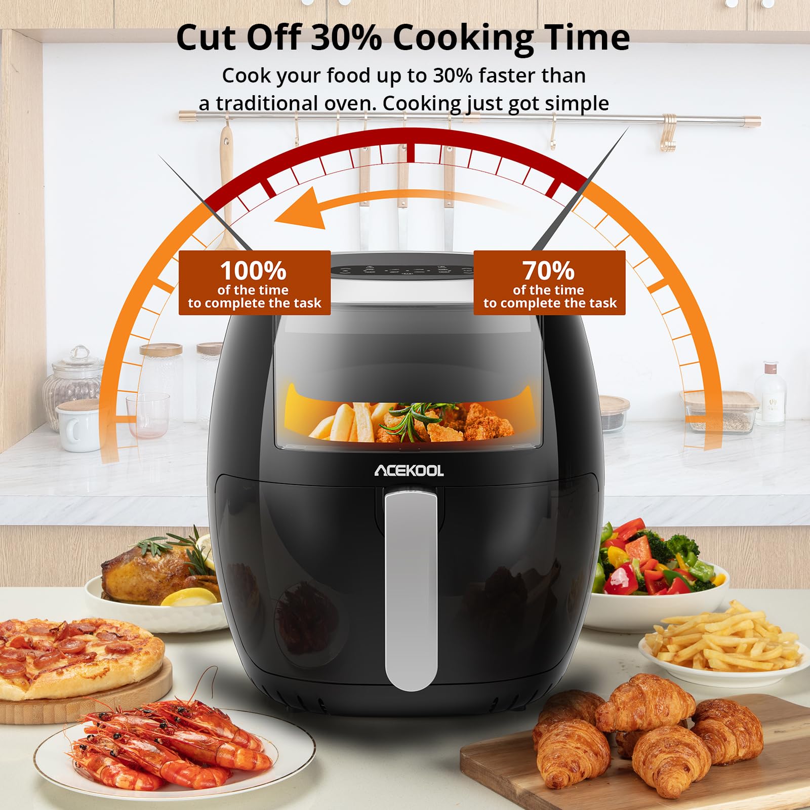 XXL 8L Heißluftfritteuse – 1800W Digital Airfryer mit Touch-Bedienung, 8 Programmen, Sichtfenster, BPA-frei, spülmaschinenfest, Rezeptbuch, fettarm, für 8 Personen – Schwarz, EU-Stecker