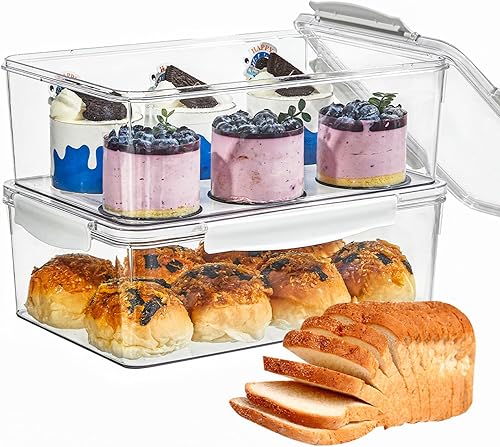 Paquete de 2 cajas de pan herméticas para almacenamiento de pan, caja de pan transparente para encimera de cocina, contenedor de pan apilable grande