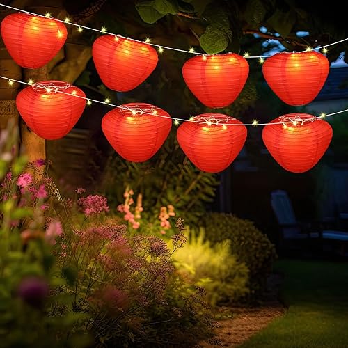 Miniatura 5 de Baquler 16 faroles de papel colgantes en forma de corazón de 9 pulgadas de 19.7 pies, 40 luces LED de corazón, faroles decorativos chinos en forma