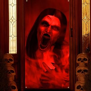 Halloween Door Decorations, Red Halloween Window and Door Cover Banner Welcome Sign, Halloween Front Door Scary Backdrop, Halloween Party Supplies, Halloween Porch Decorations for Indoor/Outdoor