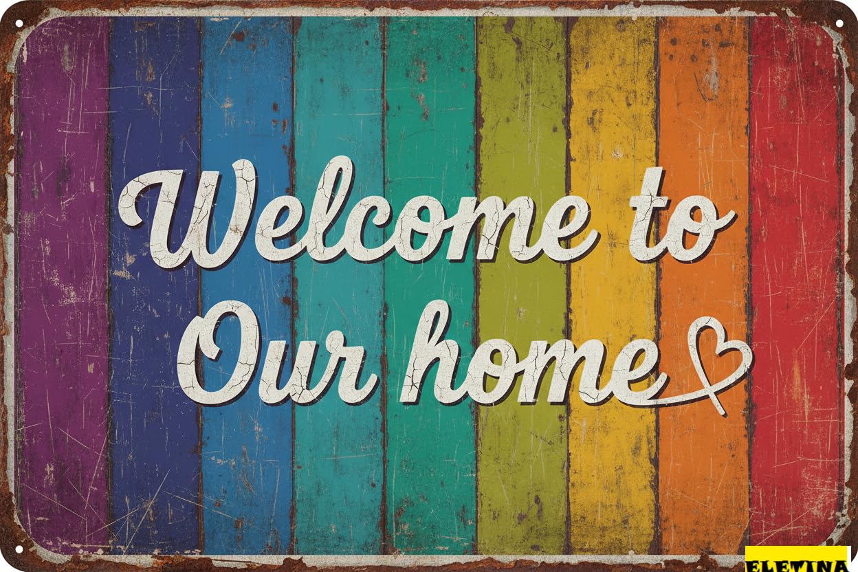 Vintage Metal Tin Sign for Man Cave Welcome To Our Home Wall Plaque, Vintage Retro Welcome En, 8x12 Inch