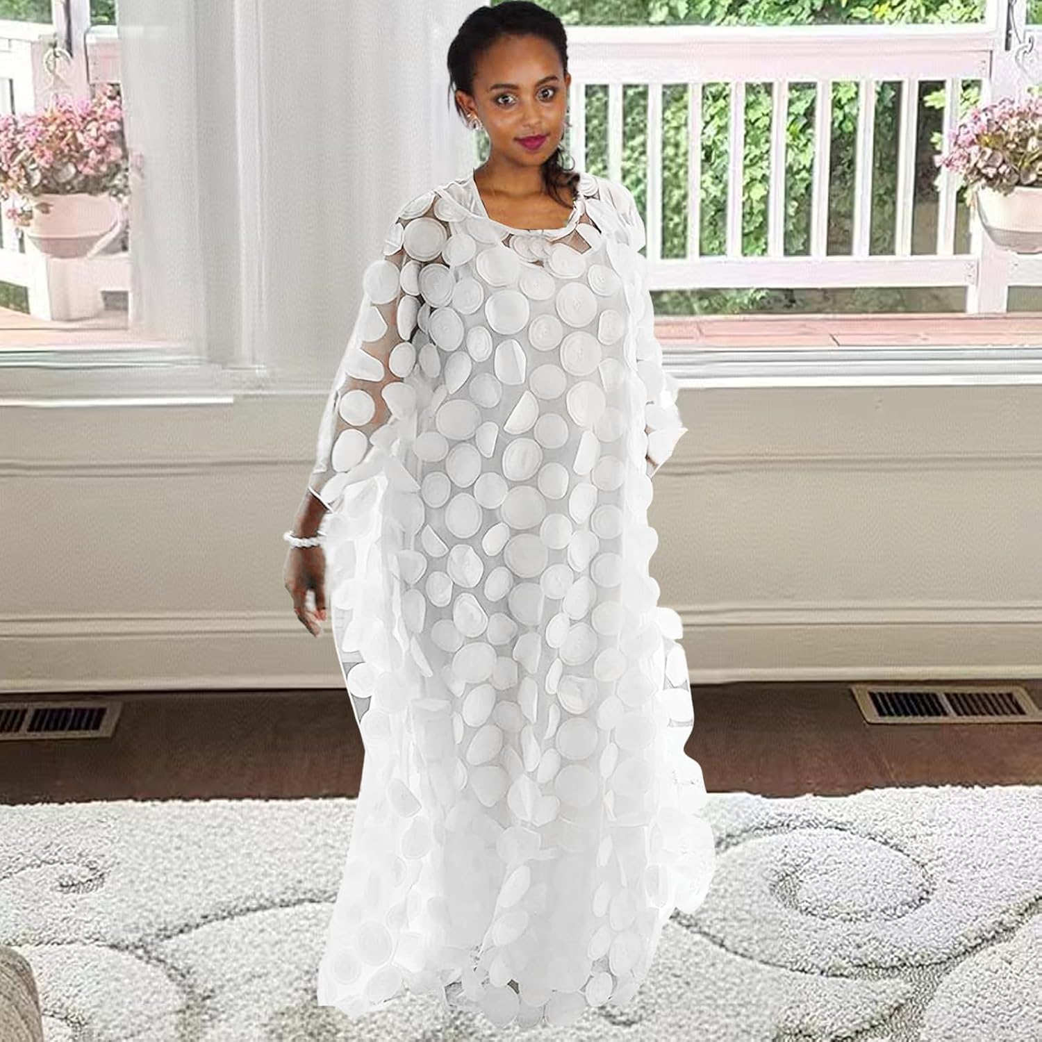 TIDOIRSA African Dresses for Women, African Clothes Embroideried Chiffon Flower Plus Size Party Wedding Dresses (Long White, One Size) - Image 3