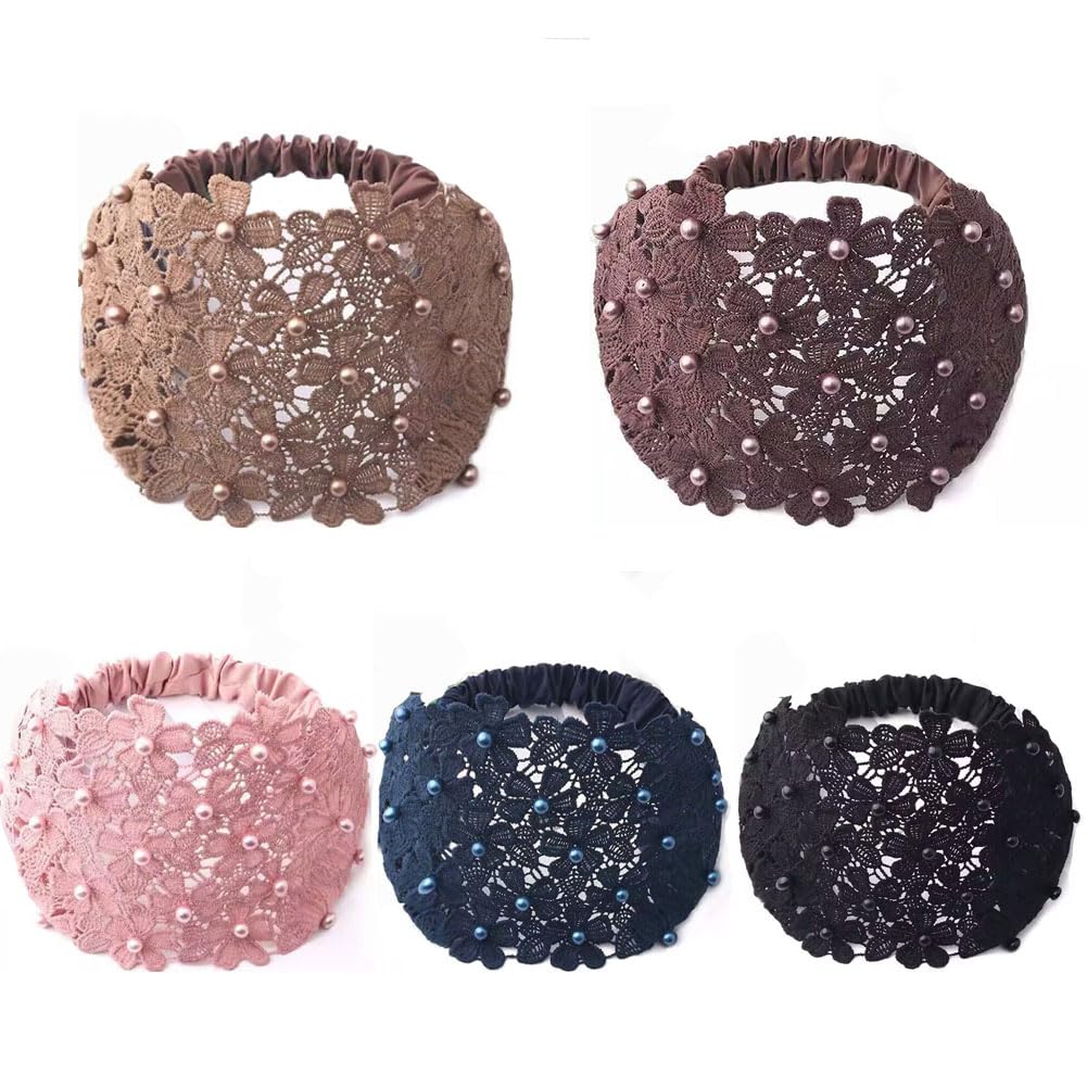 Cinta para el pelo para mujer, 5 unidades, elástica, con perlas, ancho de encaje, cinta de ganchillo, diadema retro, pañuelo para la cabeza, banda para la cabeza, banda para el pelo, banda para