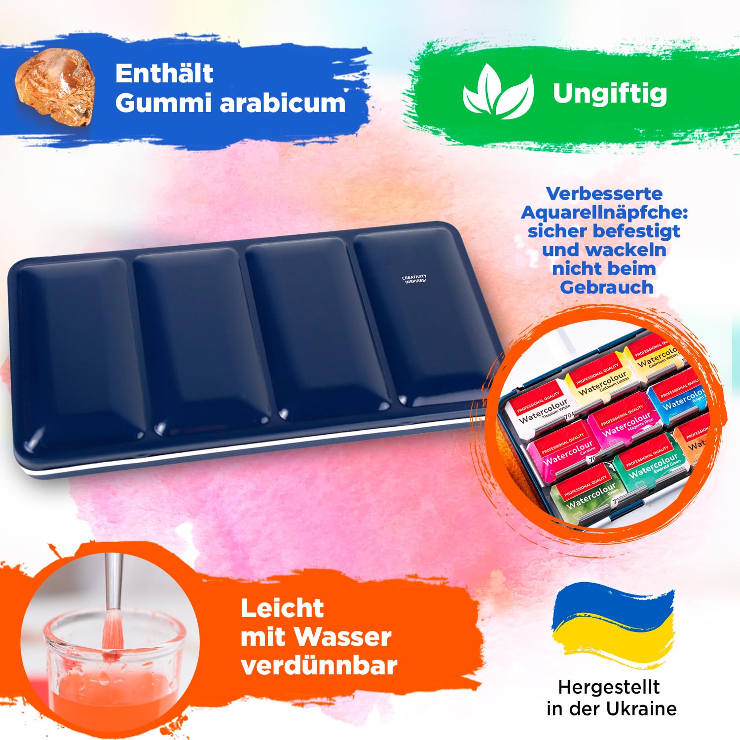 Aquarellfarben Set – 21 x Näpfchen Rosa Gallery Monopigment Aquarell | Professionelle Aquarell Set in Metallkasten | Hochwertig Künstler Aquarellkasten | Aquarellfarbe Wasserfarben