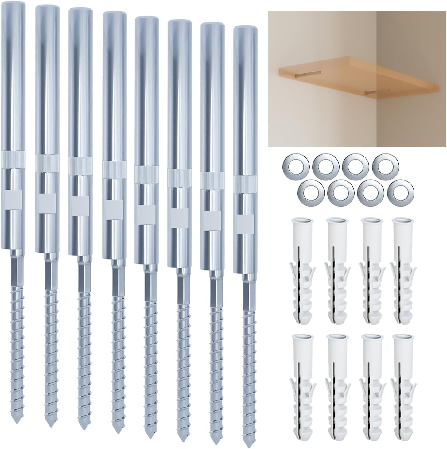 BATODA Floating Shelf Bracket (8 pcs) - Blind Shelf Supports - Silver Hidden Brackets for Floating Wood Shelves – Great Invisible Support for Thin Shelf – Shelving Mounting Hardware Included (Pack 8)