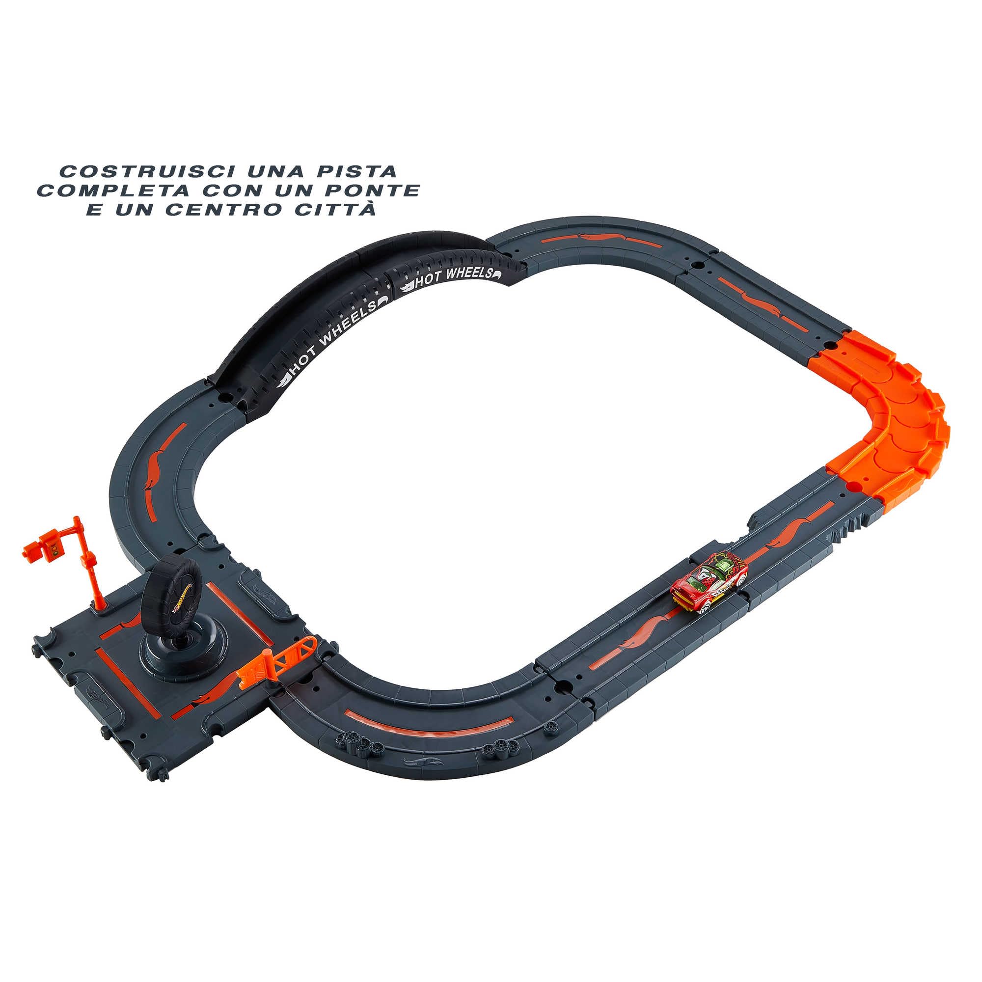 Hot Wheels - Pack di Espansione della City, set da 10 pezzi con base per pista e pezzi per costruire una destinazione urbana, macchinina Hot Wheels inclusa, giocattolo per bambini, 4+ anni, HDN95