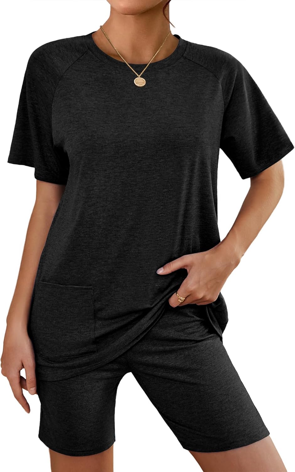 Ekouaer Two Piece Sets for Women Summer Outfits 2026 Lounge Set Crew Neck Tshirts Biker Short Sweatsuit with Pocket