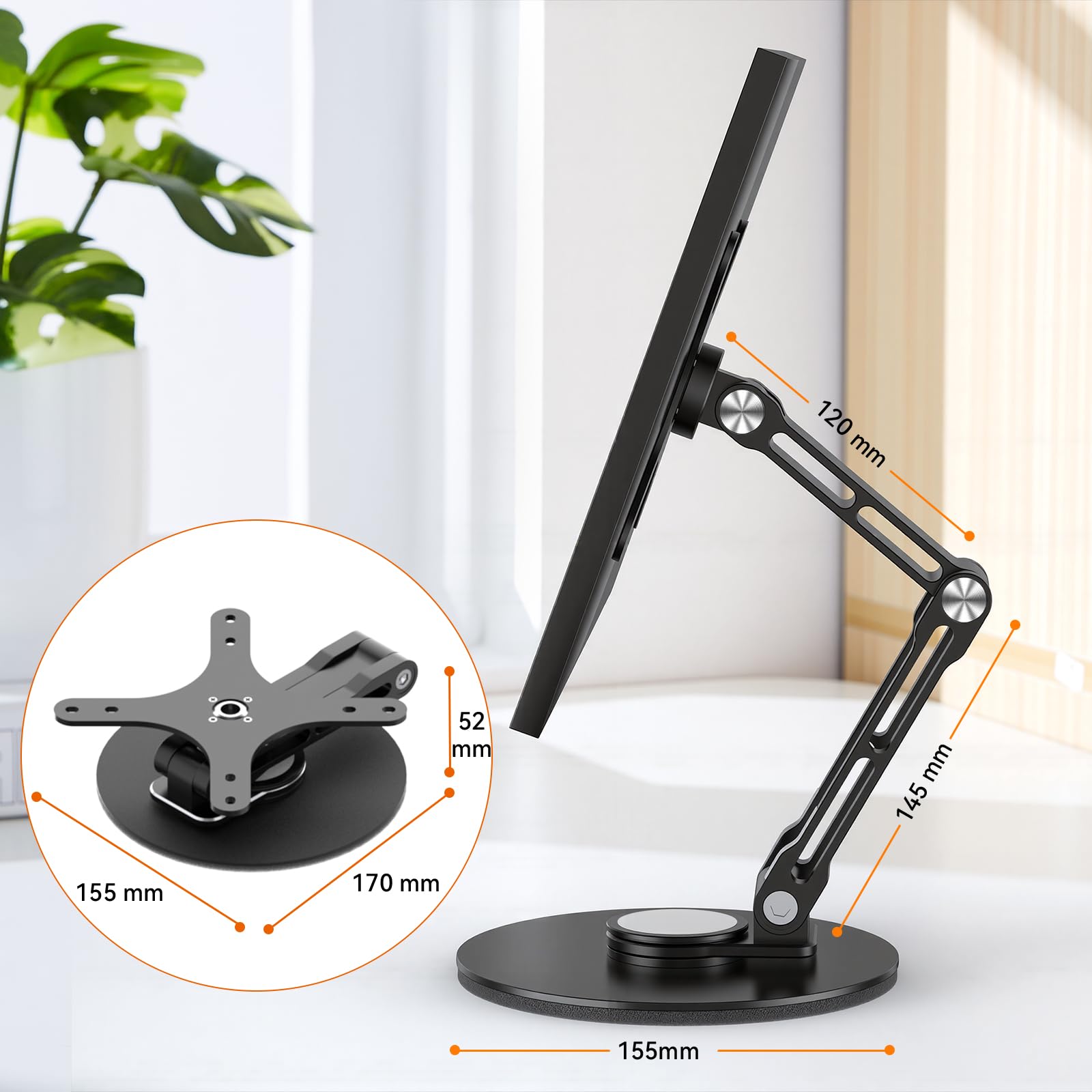 Echo Show 15 Soporte giratorio e inclinable, diseño de tres bisagras, ángulo y altura ajustables con base de rotación de 360°, soporta cambiar entre pantallas horizontales y verticales, hecho de