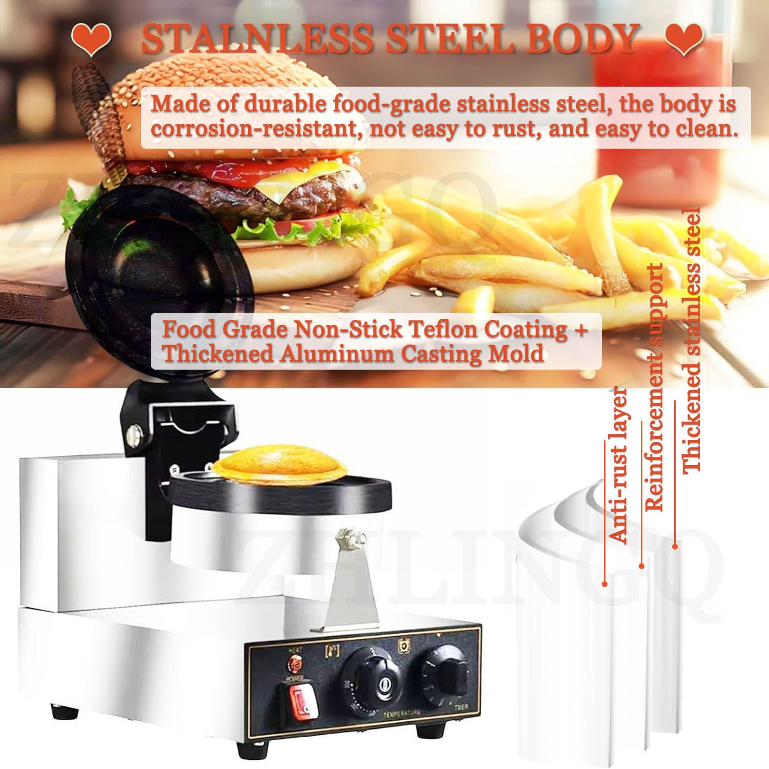 Burger Maker, komercyjny elektryczny burgerownik i opiekacz do kanapek, nieprzywierająca gofrownica z kontrolą czasu i temperatury, stal nierdzewna do domowych kuchni