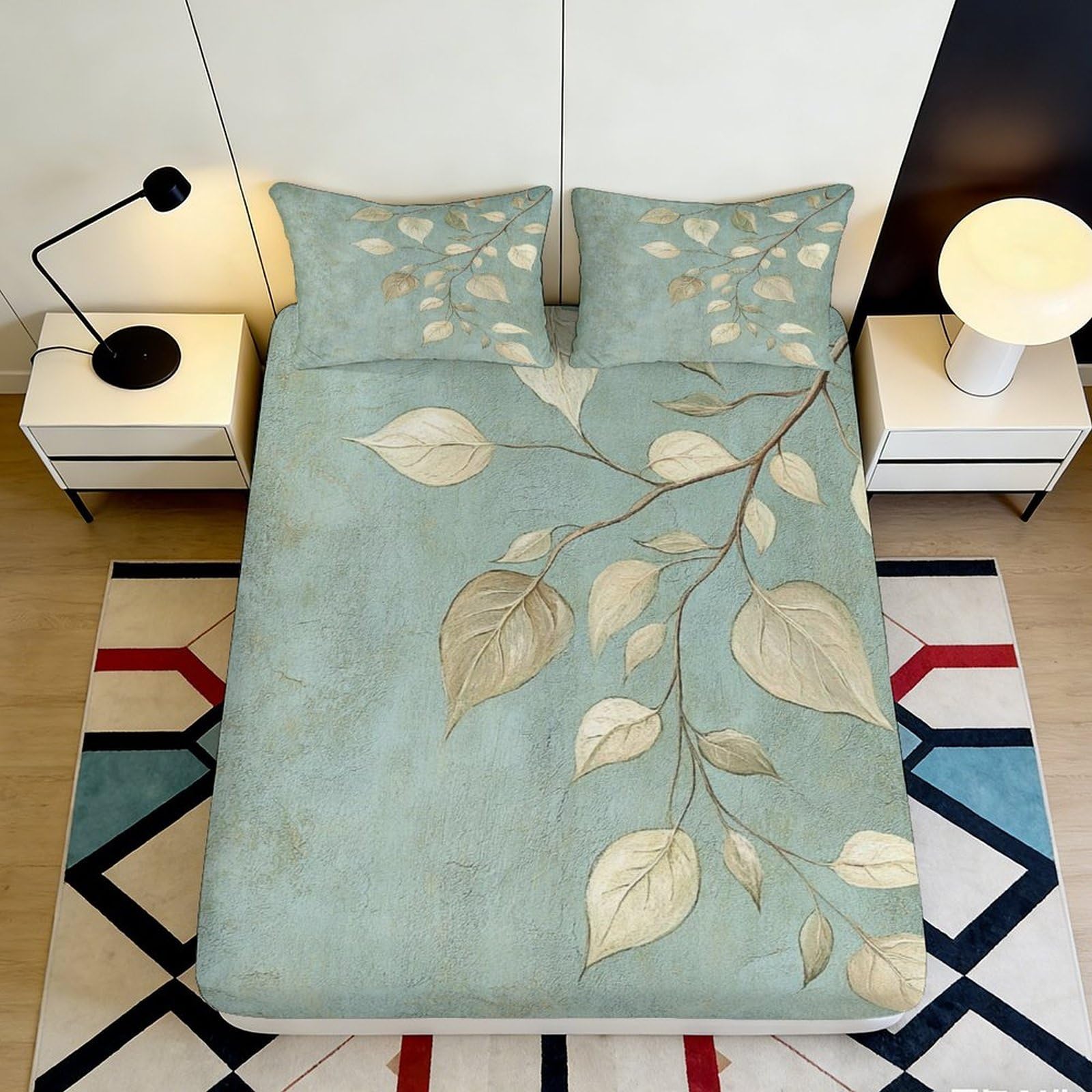 3D Printed Botanical Leaf Fitted Sheet Microfiber Soft Breathable Branch Bed Cover for Bedroom Guest Room Decor 120 140x200x25cm
