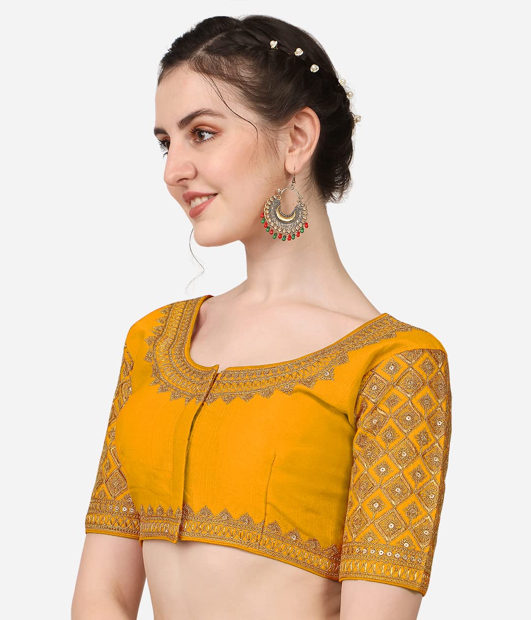 Pujia Mils Women's Silk Flower Embroidery Half Sleeve Blouse (Simba 2_Yellow_38)