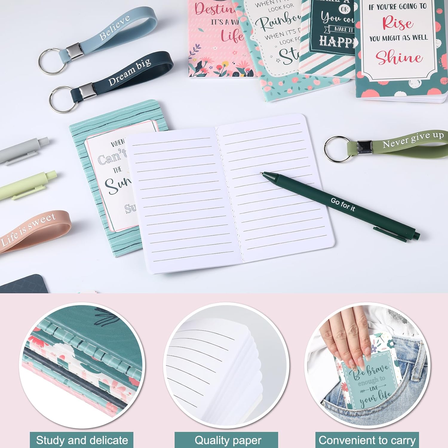 PerKoop 48 Pcs Inspirational Gifts Bulk Motivational Notepads Ballpoint Pens Keychains Set Classic Notebook Journal Lined for Teachers School Office Party Favor Supplies - Image 3