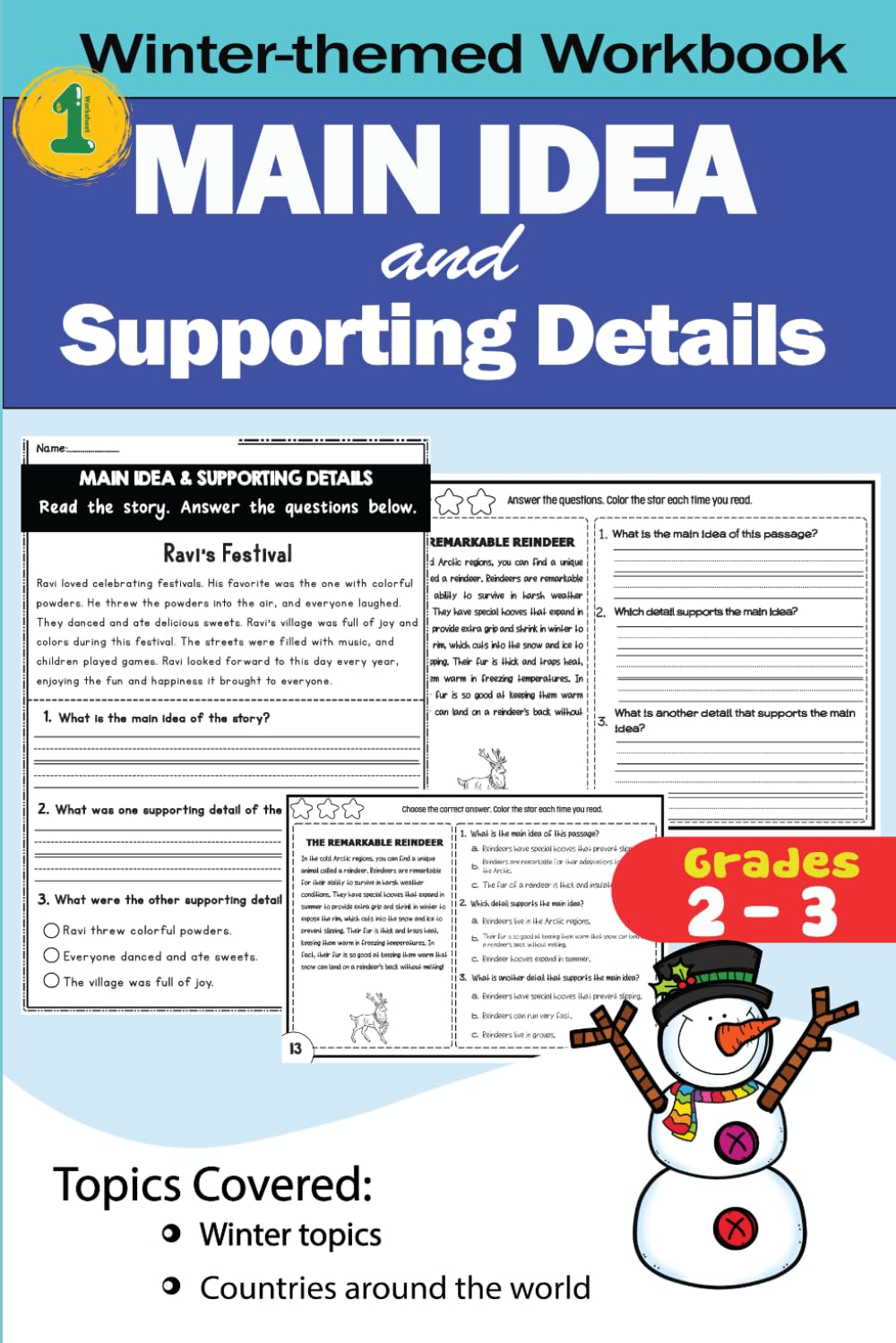 Main Idea and Supporting Details Winter-themed Workbook, Main Idea Workbook 2nd Grade, 3rd Grade, ELA Workbook for Lower Elementary Students (with Answers)