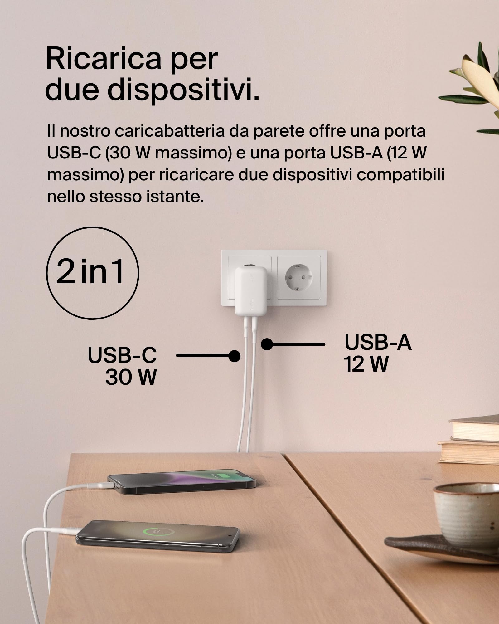 Belkin BoostCharge doppio caricatore usb da parete da 42 W, ricarica rapida USB-C + USB-A per iPhone 16,16 Plus,16 Pro,16 Pro Max,15,15 Pro Max, 14,Galaxy S24, Plus,Ultra,iPad,AirPods e altri, bianco