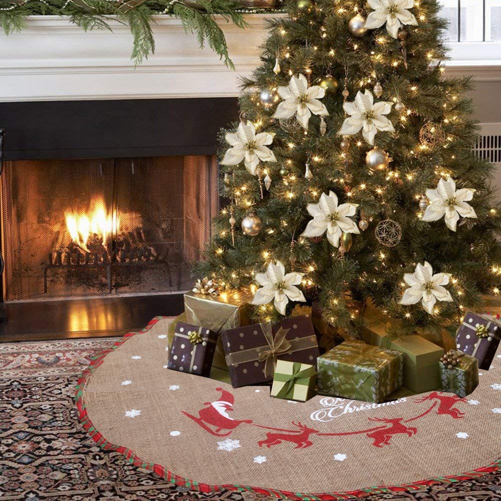 Tapis cache-pied de sapin de Noël Amajoy toile jute flocons neige blancs 30" décoration fête motif écossais rouge vert