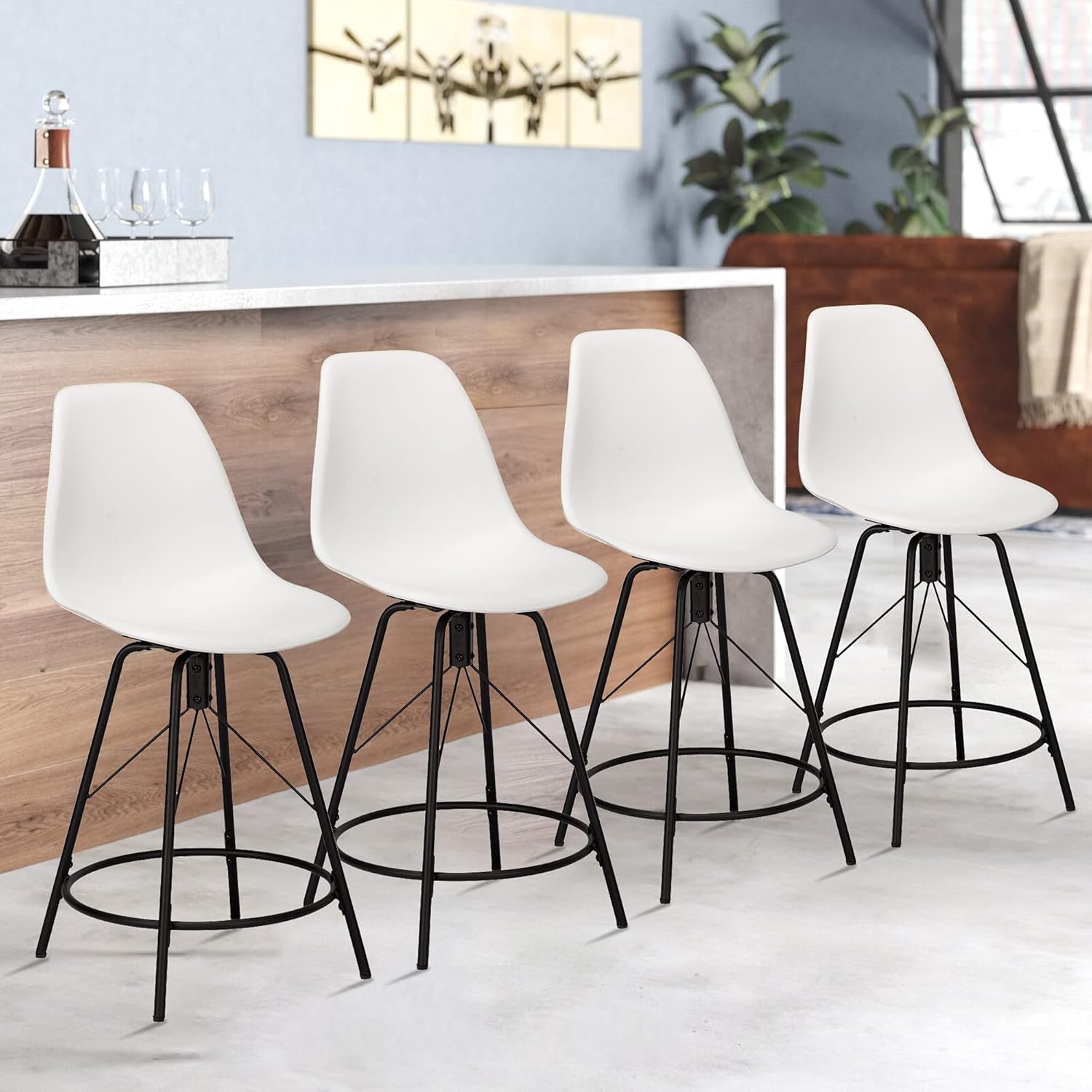 Haobo Metal Bar Stools, Counter Height Stools Plastic Seat Swivel Chairs Set of 4 for Indoor, Outdoor, Home, Kitchen Dinning Chairs, Bar Counter, Business (30", 06 Swivel White)