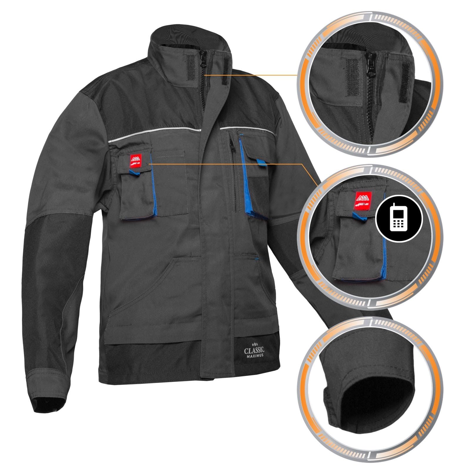 Arbeitsjacke Herren Sommer Blouson 6 Taschen Ellenbogenverstärkung Reißverschluss Dreifachnähte Klettverschluss Handytasche Berufskleidung Handwerk Baustelle Werkstatt Industrie Montage Freizeitjacke