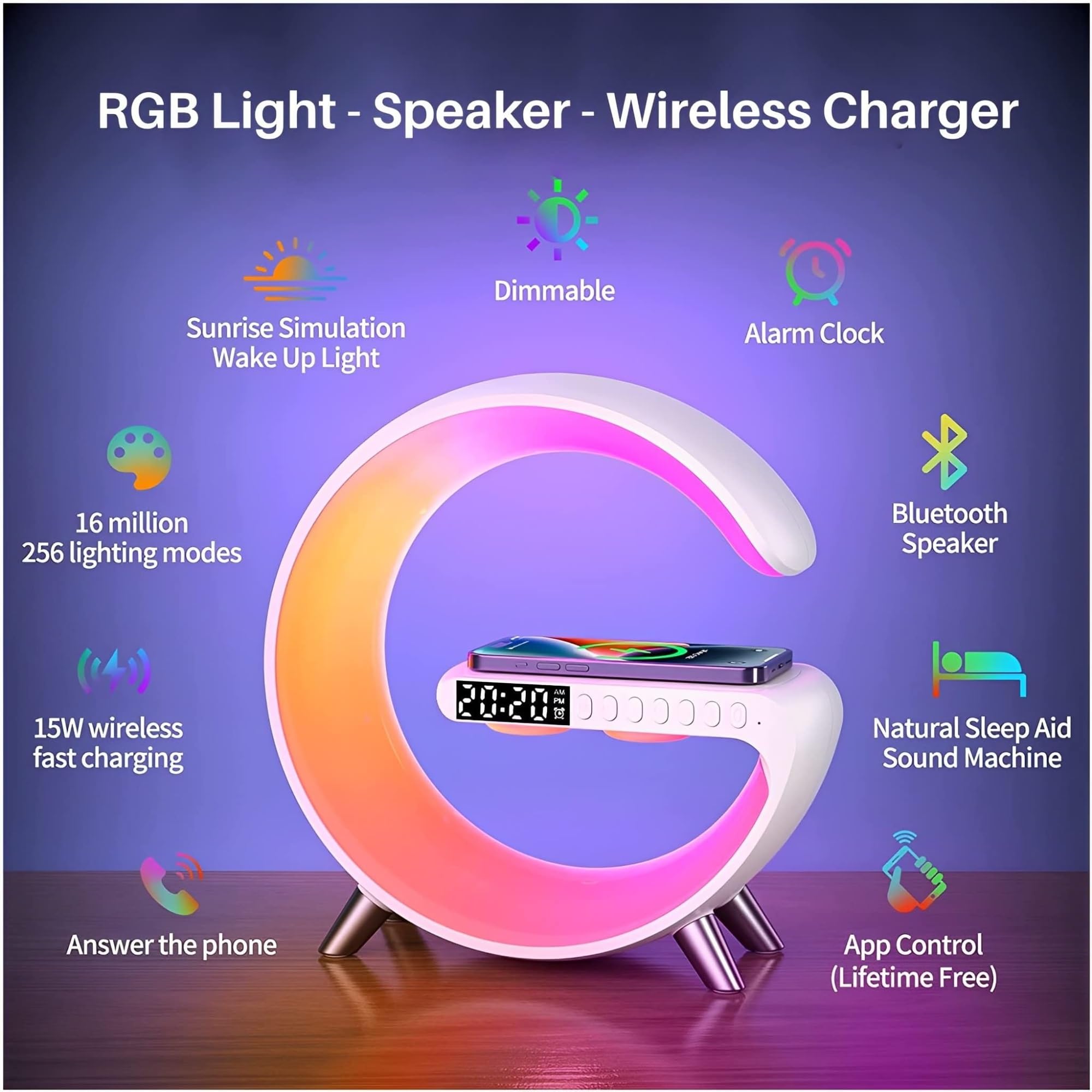 WOLWES Luce notturna con altoparlante - Bluetooth multifunzione 3 in 1 controllato da app con ricarica wireless, luce RGB e caricatore for sveglia Alba for camera da letto e comodino