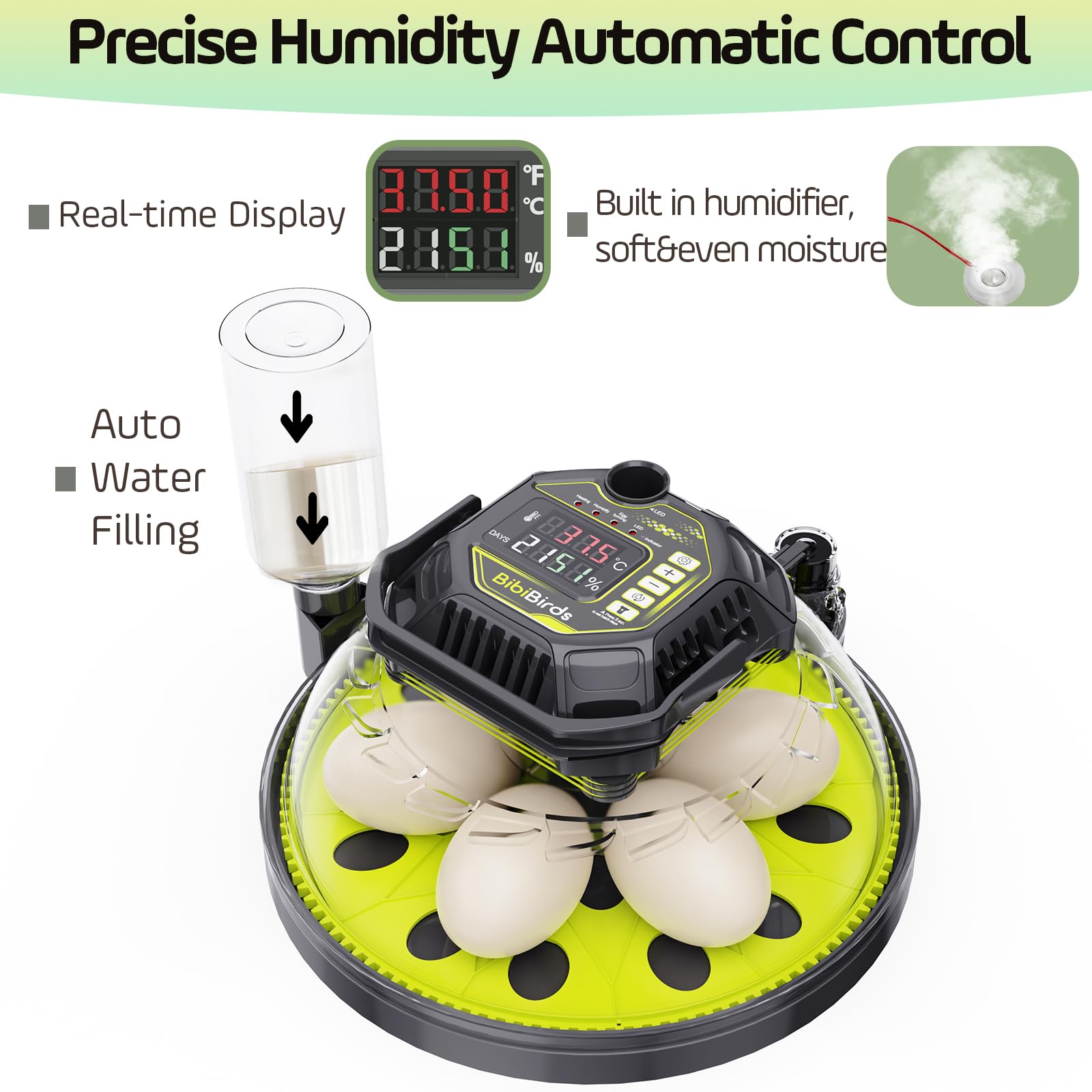 Incubadora de 18 huevos con contador automático de días de giro de huevos y atomizador para control automático de humedad, bloqueo de giro automático completo 3 días antes de incubar