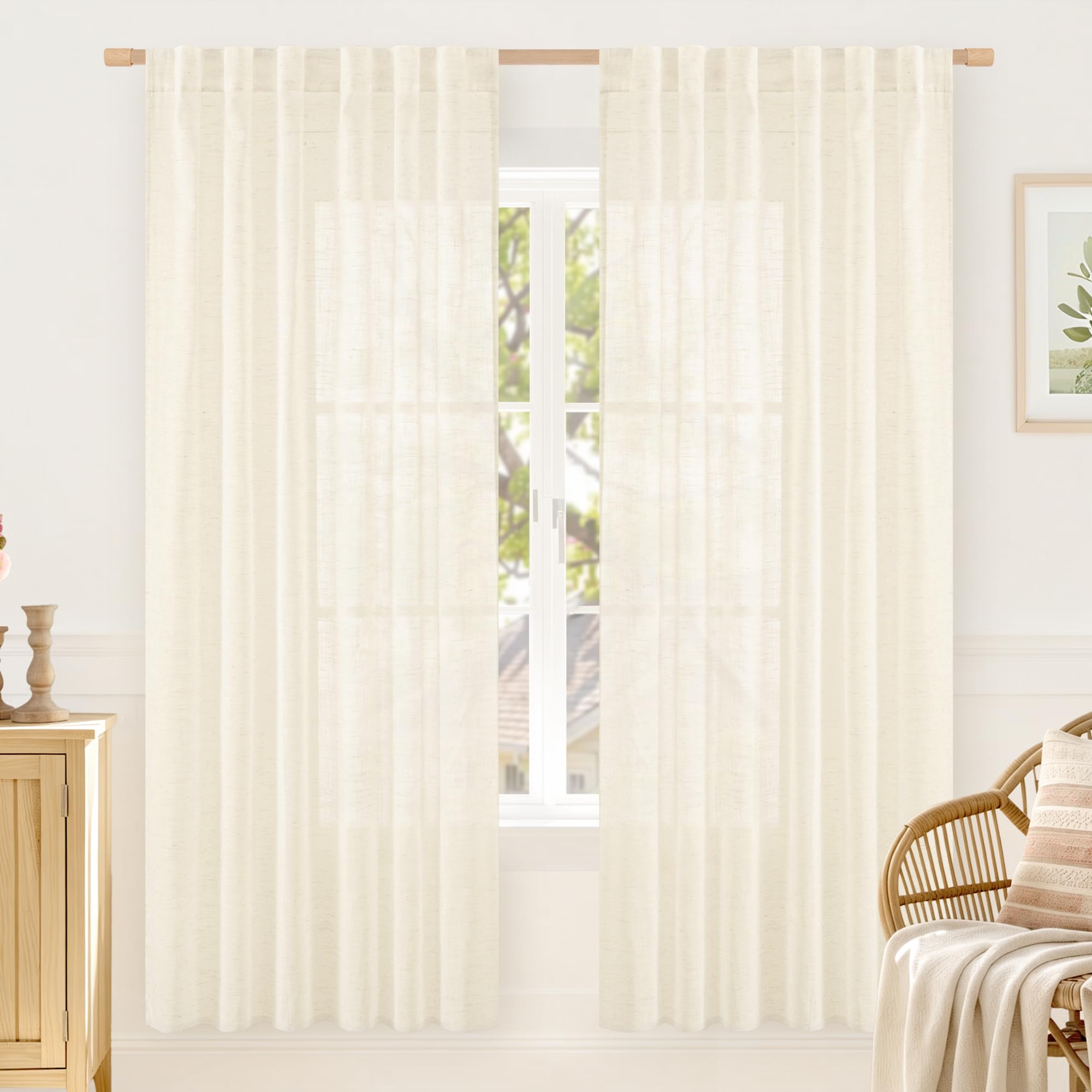 LAMIT Natural Linen Semi Sheer Curtains 84 Inches Long 2 Panels, Living Room Linen Textured Light Filtering Drapes Back Tab and Rod Pocket Neutral Window Panels for Bedroom/Sliding Door, 52 x 84 Inch — view 72