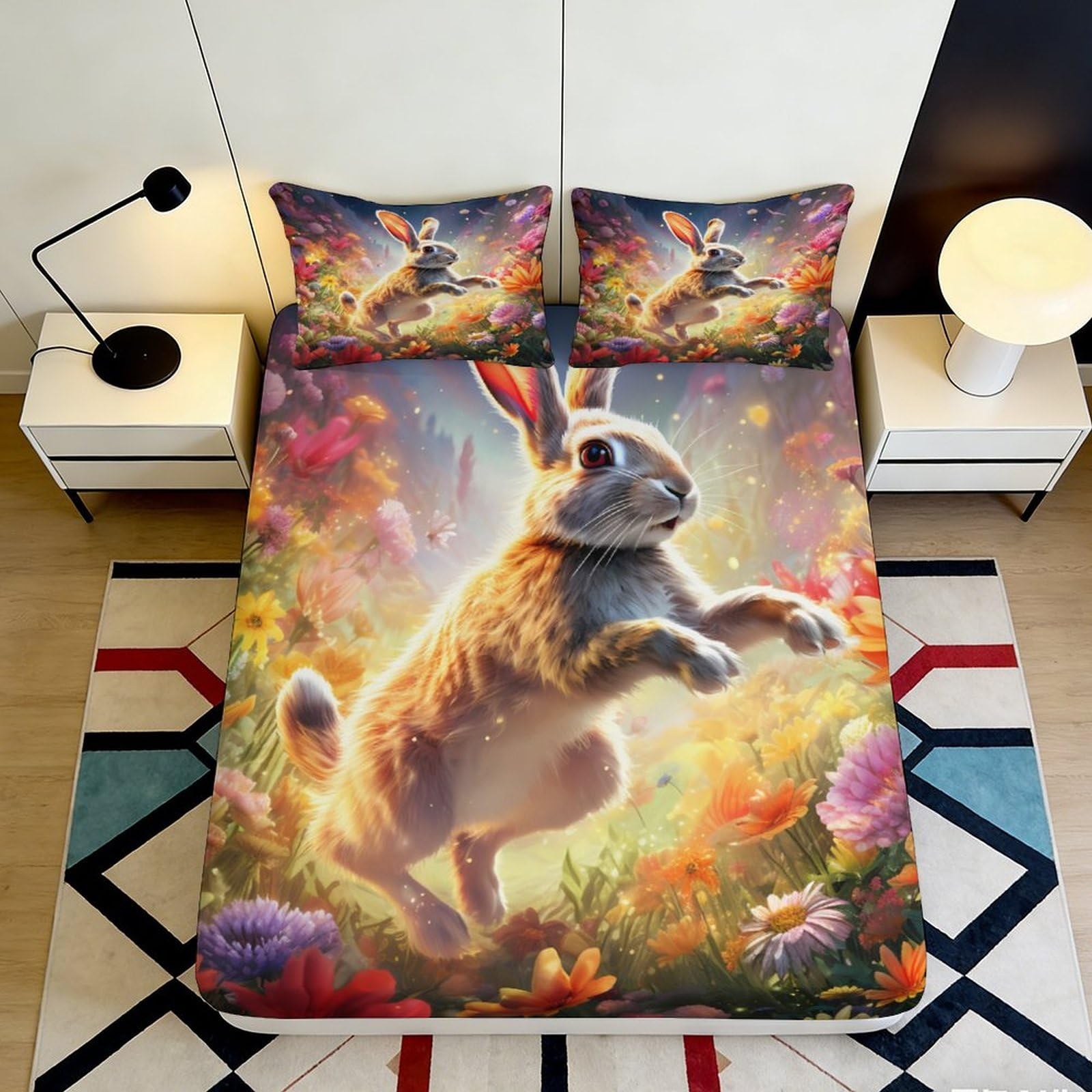 Jqzkxnhpbr Style-5 3D Printed Rabbit Meadow Fitted Sheet Microfiber Soft Anti-Slip Floral Bed Sheet For Bedroom Guest Room Decor 90X200x25cm