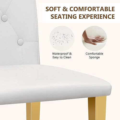 Miniatura 6 de Juego de 4 sillas de comedor blancas, modernas y tapizadas con patas de metal dorado, cómodas sillas Parsons de piel sintética para cocina, comedor,