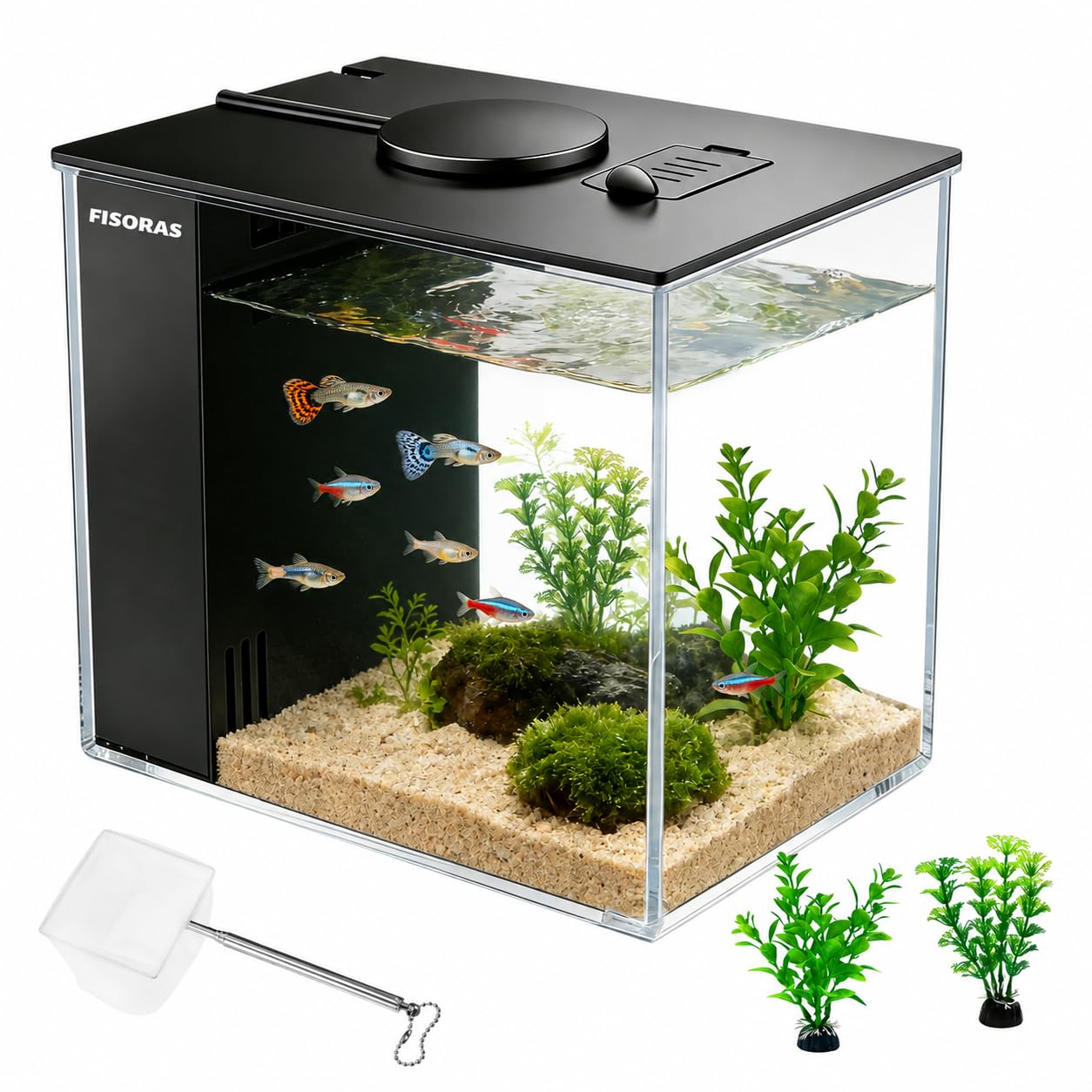 Tanque de peces, kit de acuario pequeño de 3.7 L con bomba de filtro de agua y luz LED, ideal para betta, peces dorados, camarones, guppy