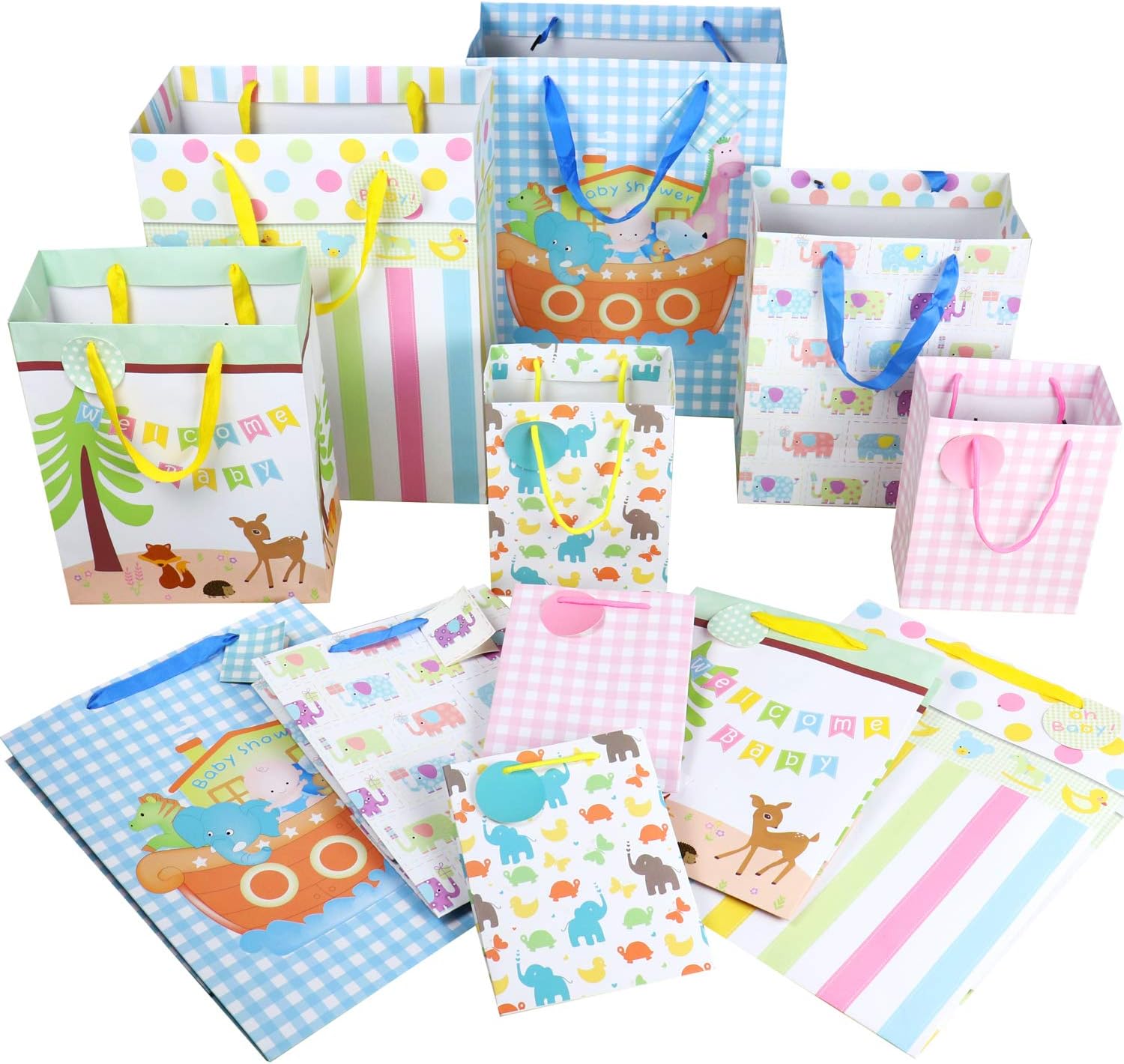 12 Pcs Baby Gift Bags, Large, Medium and Small Gift Bags Assortment for Baby Shower, Birthday, Parties, Baby Girl, and Baby Boy (Assorted Sizes)