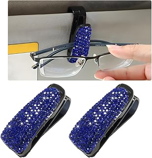 2 PCS Car Sun Visor Glasses Holder, Fashion Bling Car Eyeglasses Sunglasses Hanger for Women Girls, Glasses Holder Clip Hanger Mount with Ticket Card Clip, Car Accessories (Dark Blue)