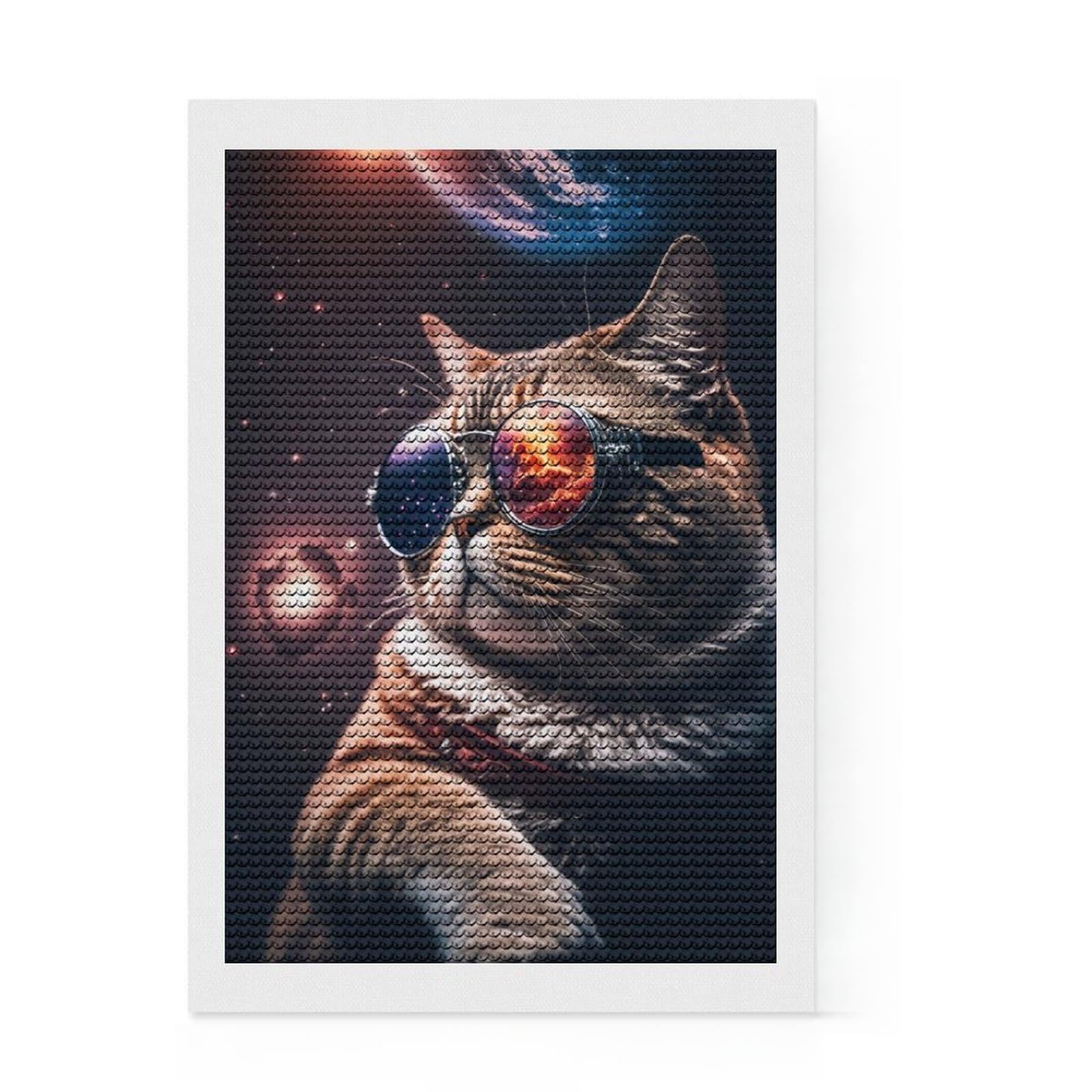 Junmoney The Cosmic Cat Mander Diamond Painting Set 8"x12", for Family Craft Time, Sparkling Round Gems, Christmas Gift, Bedroom Decor