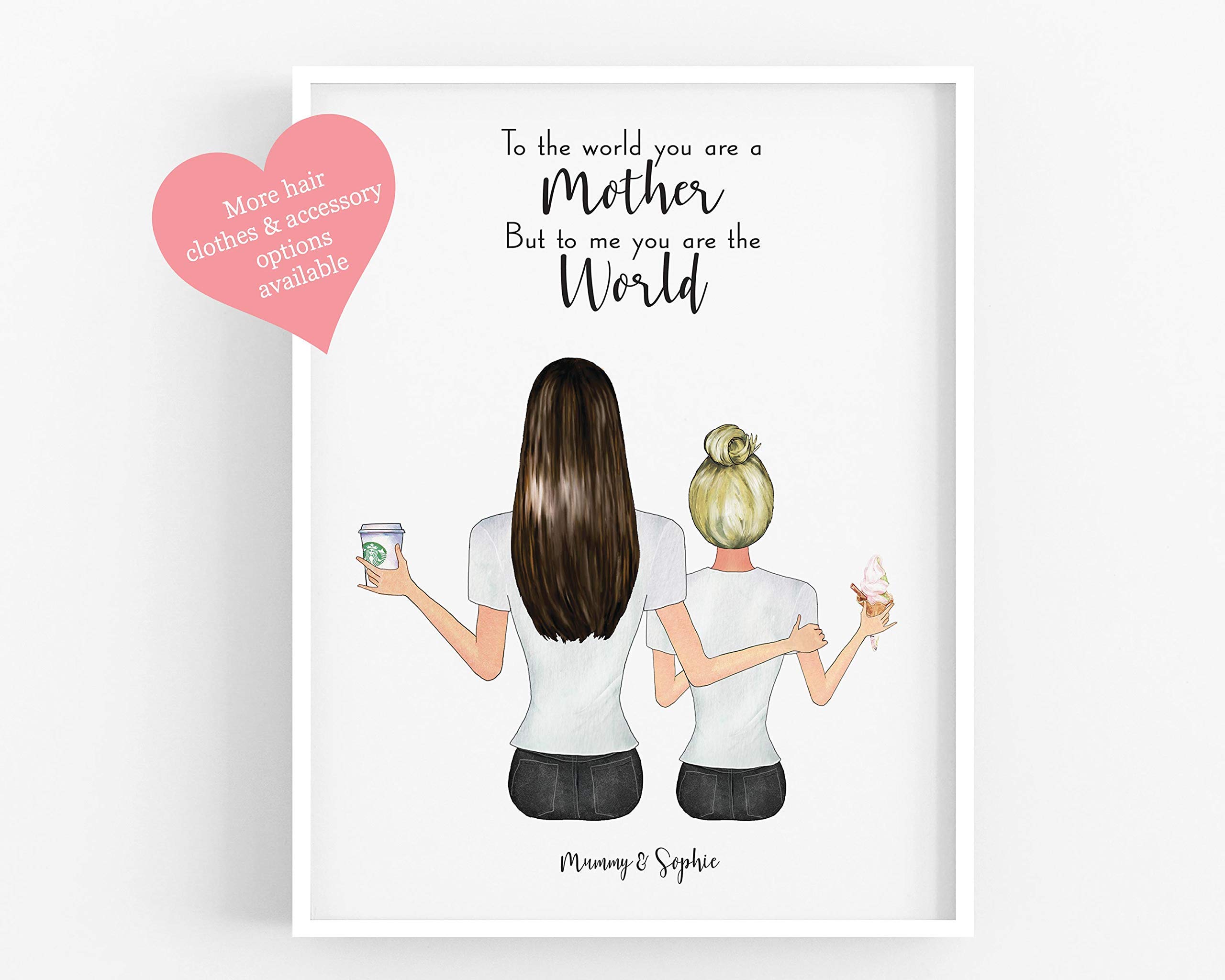 Personalised Gift for Mum, Mum and Child Family Keepsake,Mother Daughter Print,Stepmum Present,Customisable Hair,Clothing,Drinks Mother's Love quote,UNFRAMED Available in 5"x7",A5,8"x10",A4,A3