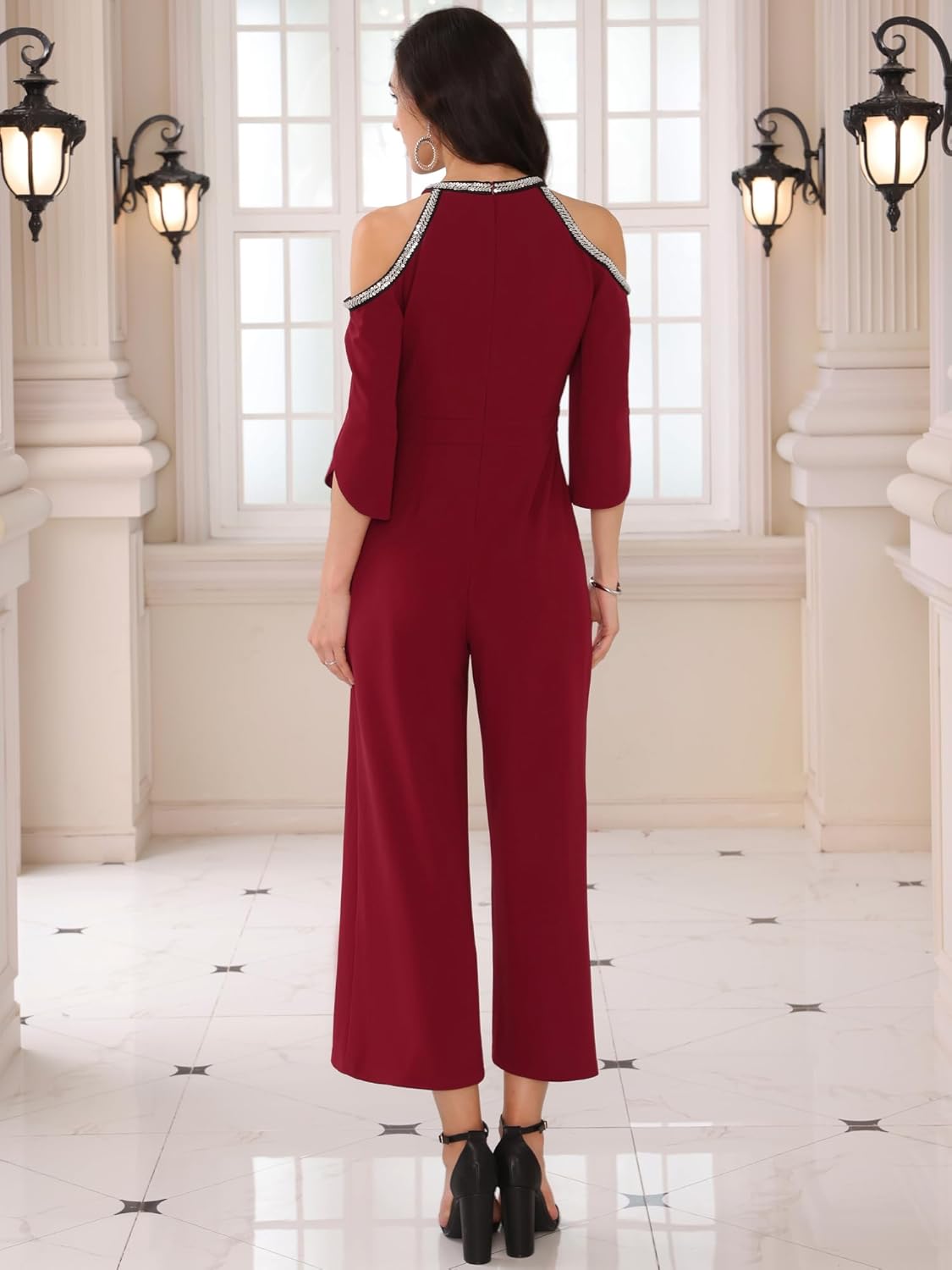 Women's Dressy Jumpsuits Formal Beaded Cold Shoulder Split Sleeve Wide Legs Cocktail Evening Jumpsuit - Image 4