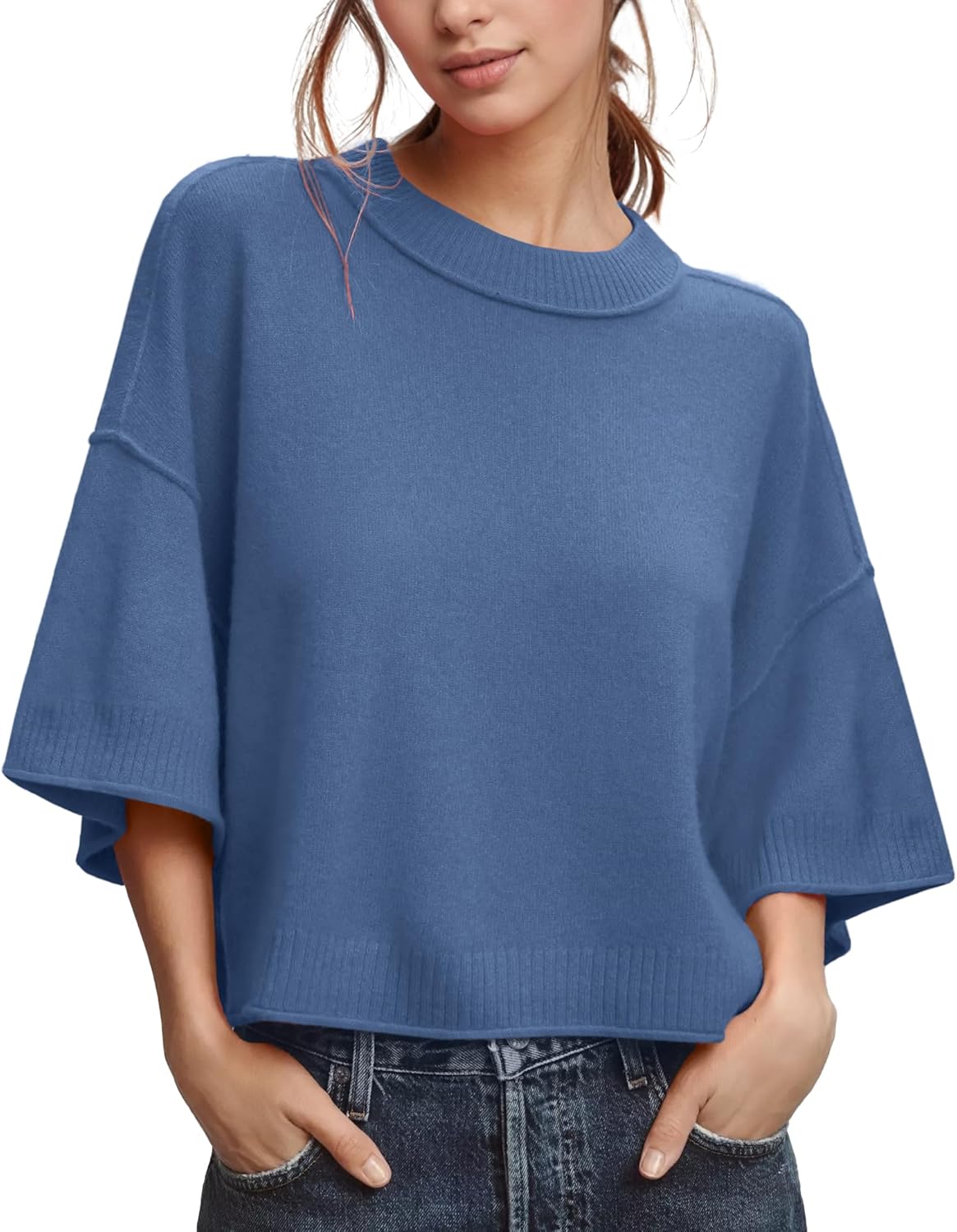 ZDC Women's Oversized Sweaters Summer 3/4 Sleeve Casual Cropped Tops Lightweight Loose Fit Knit Pullover