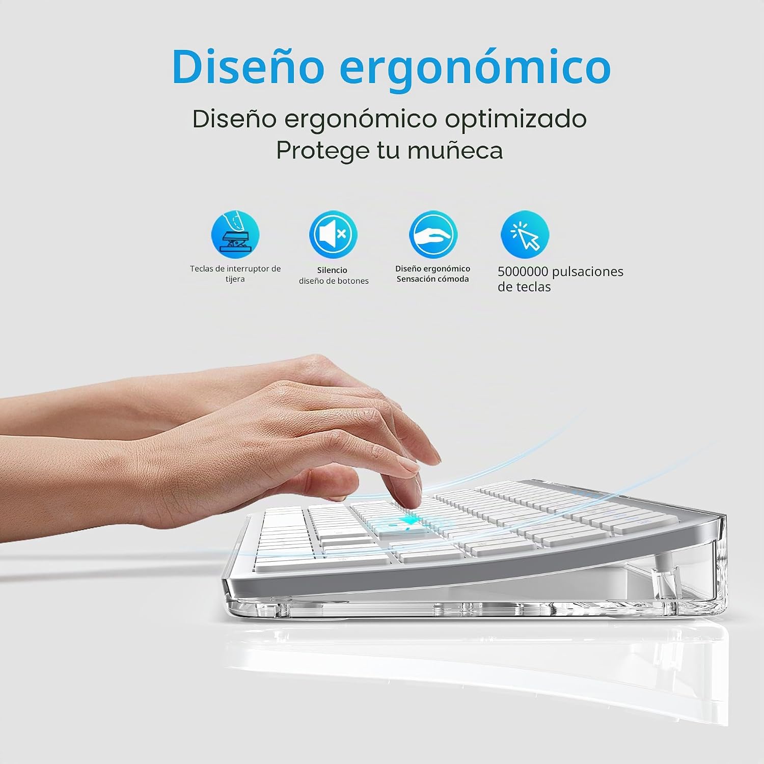 Teclado Curvado Ergonómico con Base Transparente,Español,Recargable,Multidispositivo (Bluetooth Y Inalámbrico USB),Clic Silencioso-Plata 7